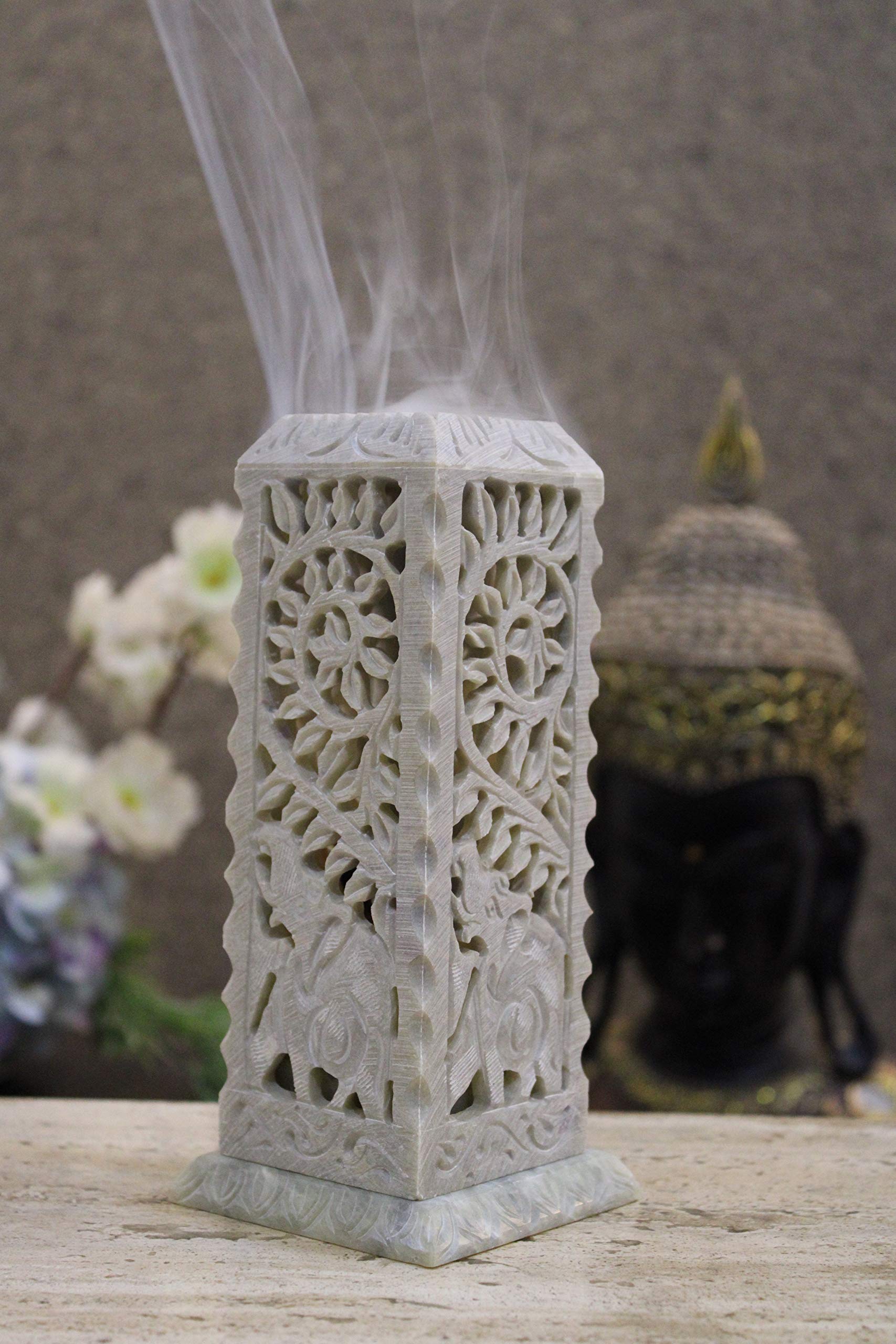 Kc Kullicraft Handcrafted Elephant Carving Soapstone Marble Incense Agarbati Stand Holder For Puja With 6 Dhoop Batti(Square)