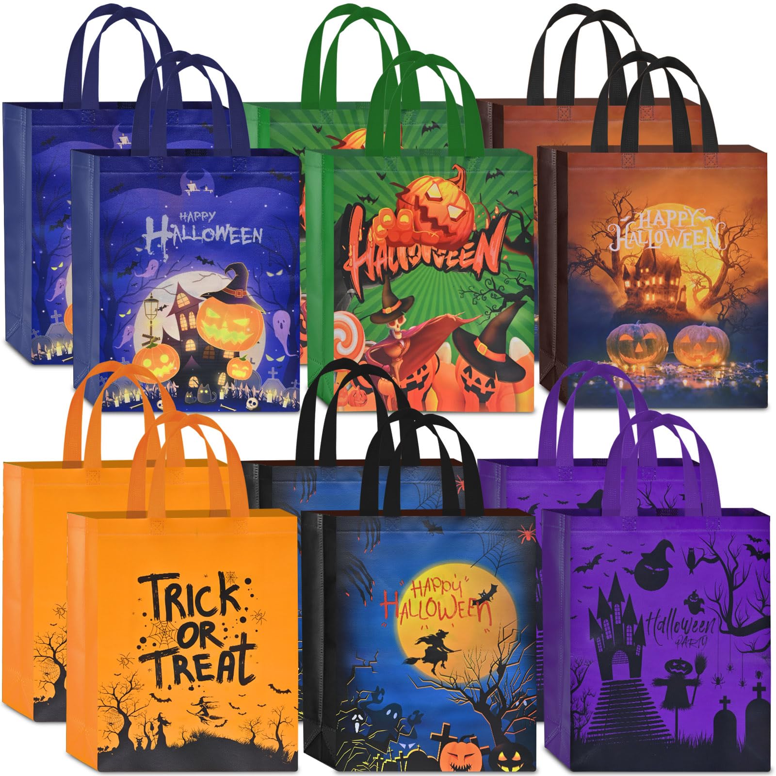 Ahfulife 12 Pcs Halloween Trick Or Treat Bags, Large Halloween Candy Tote Bags With Handles, Reusable Halloween Non-Woven Gift B