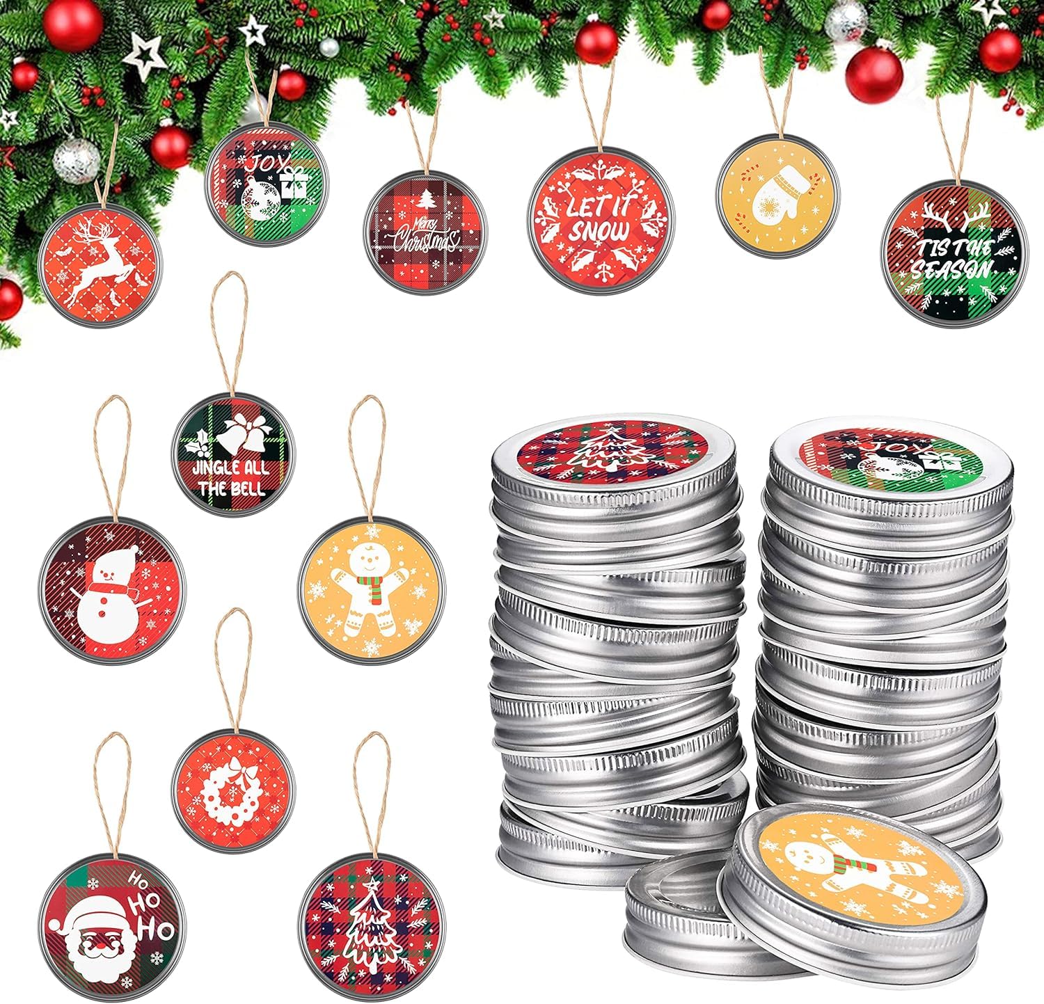 Haooryx 48Pcs Christmas Mason Jar Canning Lid Stickers for Christmas Tree Decorations, Round Self-adhesive Stickers for Metal Bo