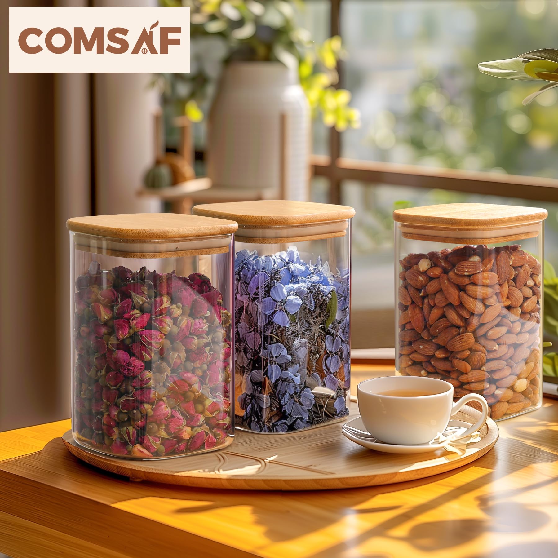 Comsaf 37 Oz Glass Storage Containers With Lids, Glass Jars With Lids, Clear Food Storage Jar, Square Glass Canister Set Of 6, P