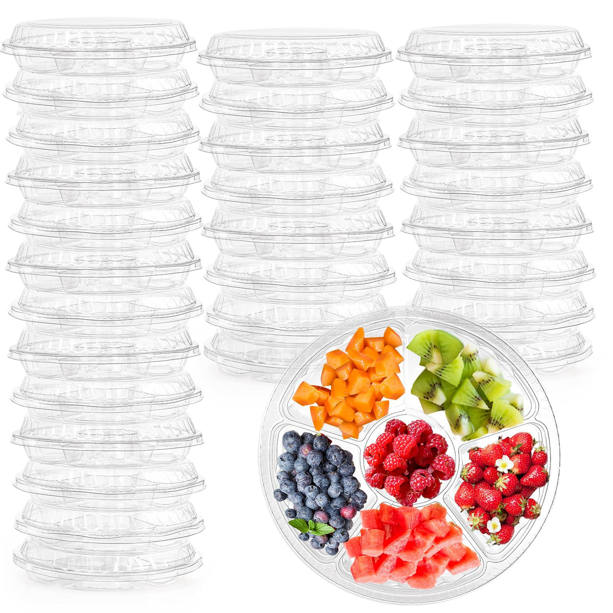 Lawei 30 Pack Plastic Appetizer Tray With Clear Lid, Stackable Round Serving Party Tray, 12 In Banquet Catering Fruit Vegetable