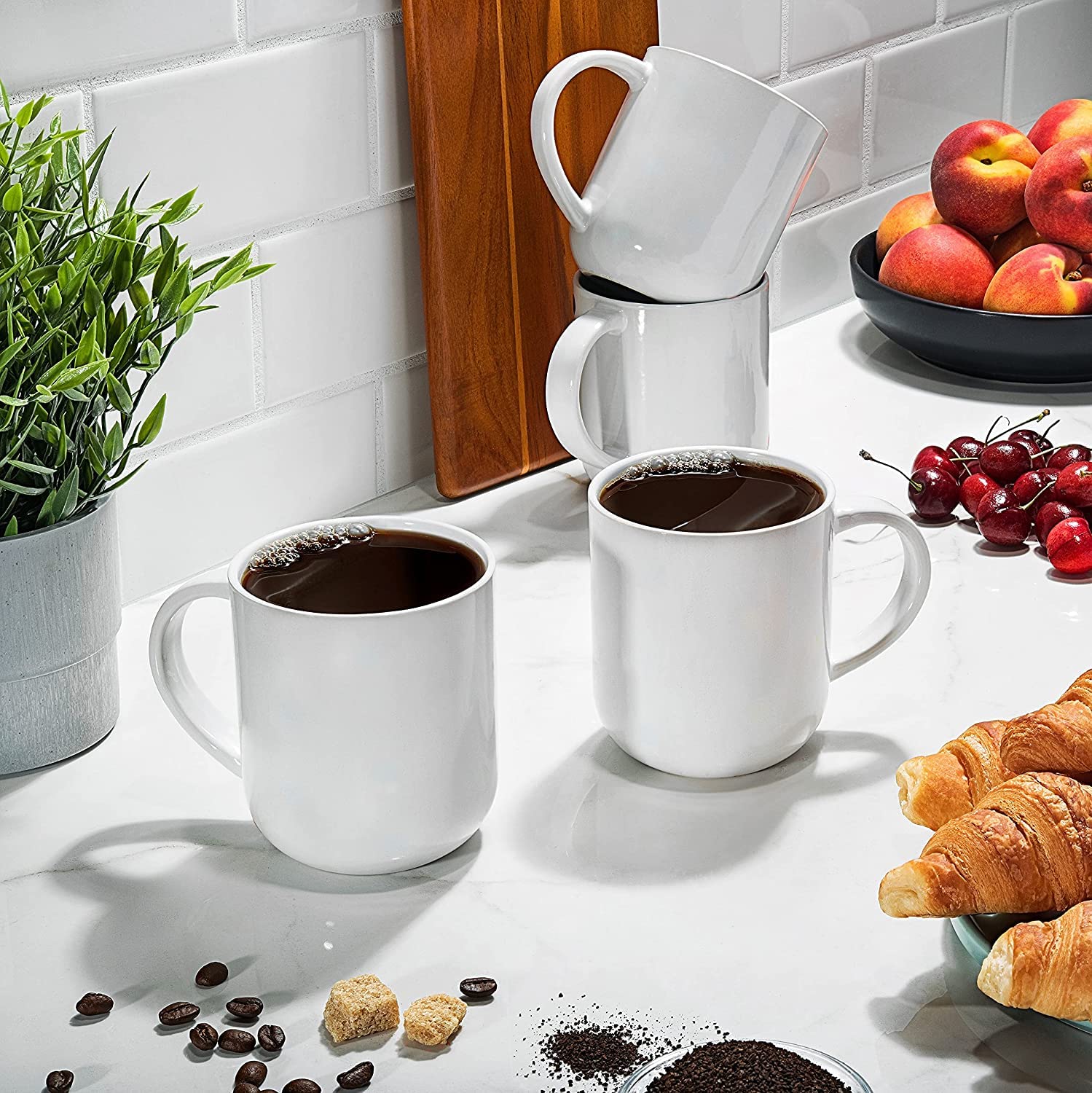 Francois et Mimi, Set of 6 Large 16 Ounce Ceramic Coffee Mugs (White and Blue)