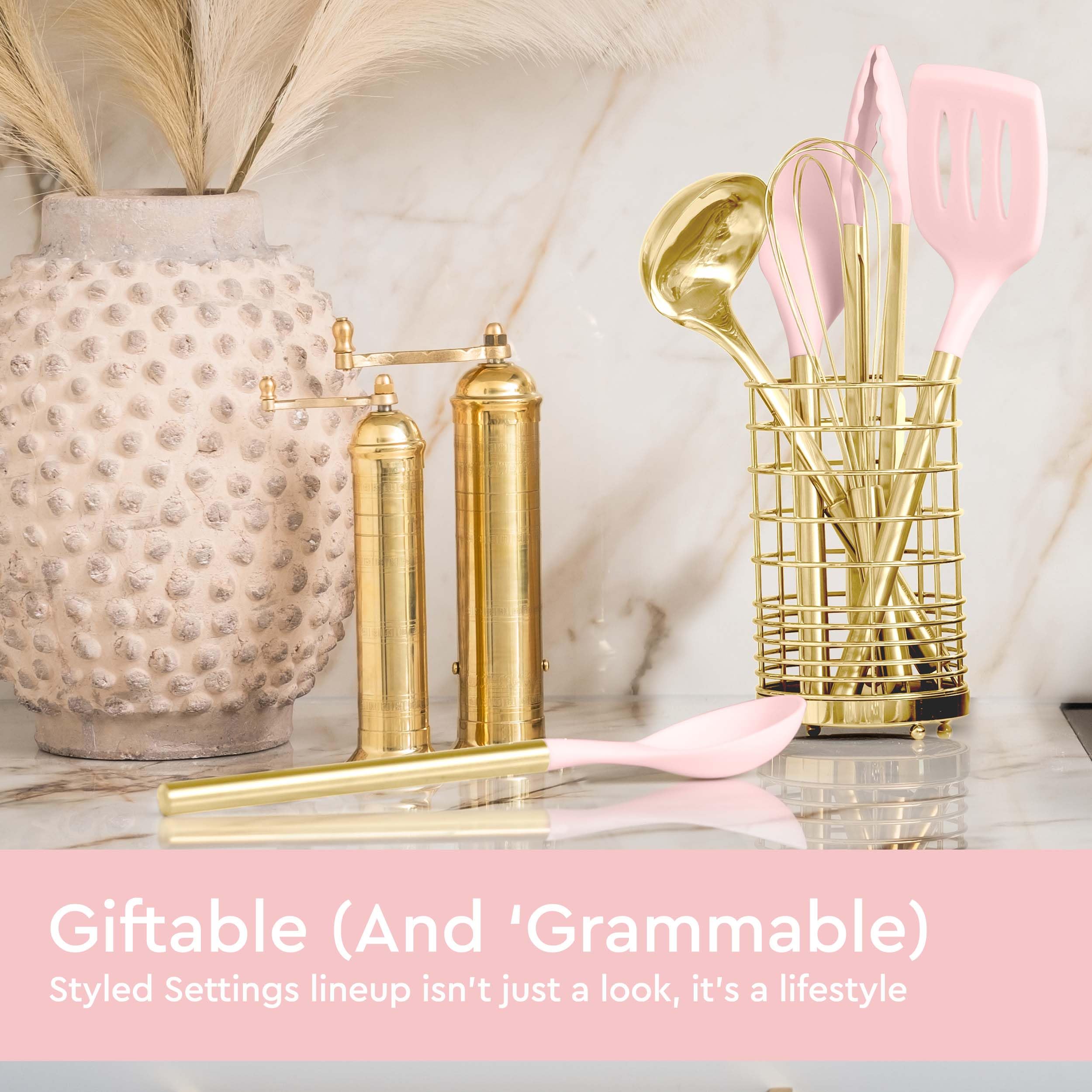 Gold & Pink Kitchen Utensils Set -17 Pc Pink Silicone And Gold Cooking Utensils Set Includes: Gold Utensil Holder, Pink Measurin
