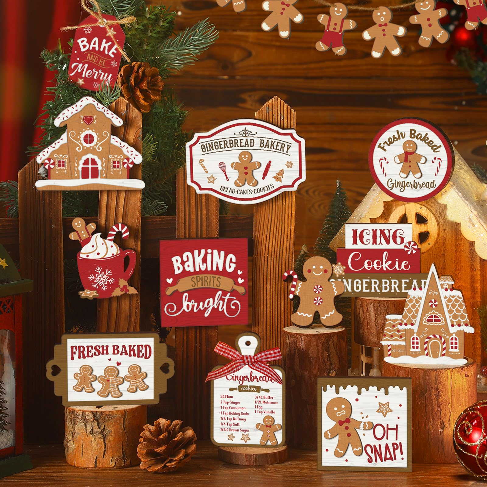 Funnymoom 17 Pcs Christmas Tiered Tray Decor Set Gingerbread Man Christmas Tiered Tray Decoration Gingerbread House Wooden Sign