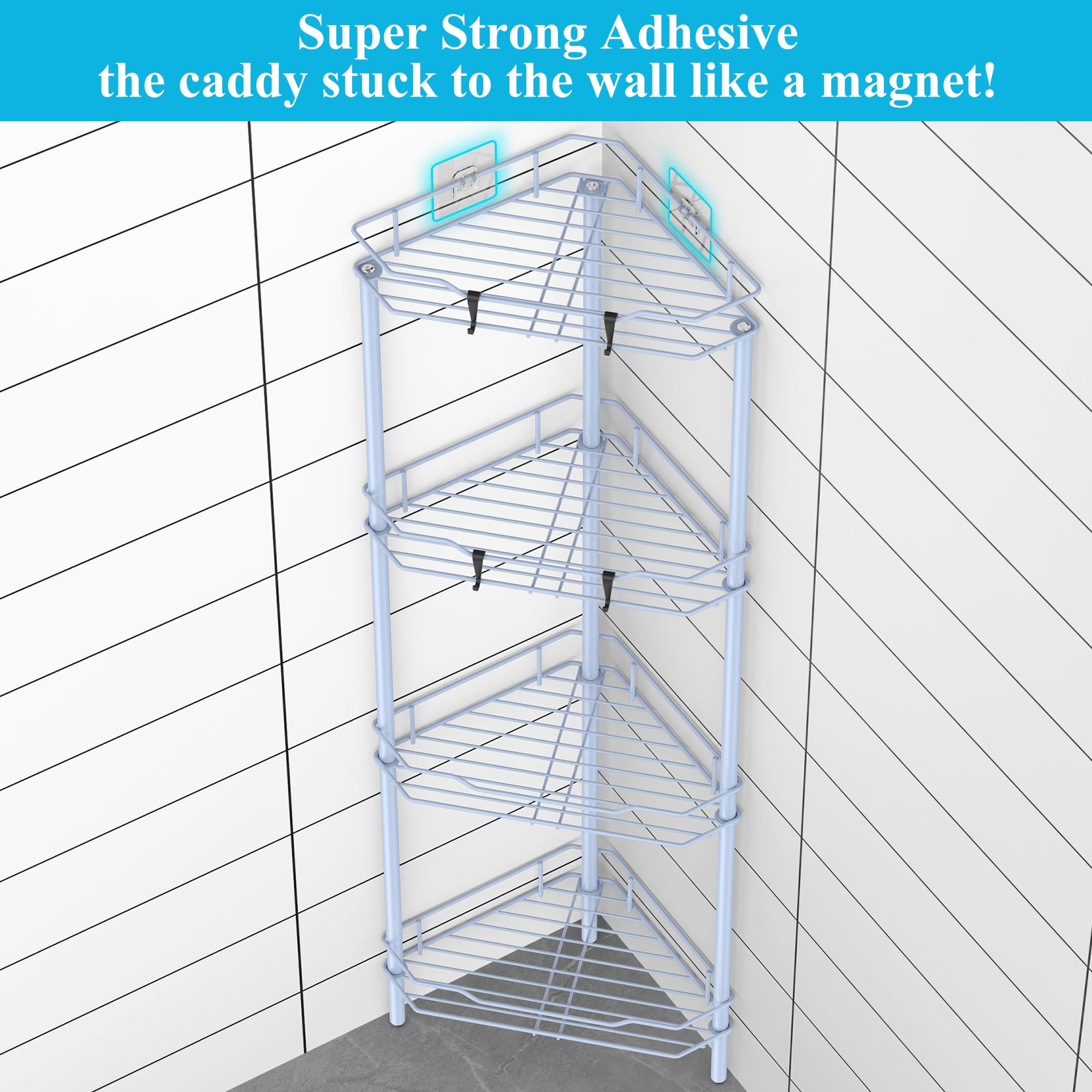 Huggiegems 4 Tier Floor Standing Corner Shower Caddy Organizer Shelf With Hooks, Bathroom Shelves Stand Rack, Blue