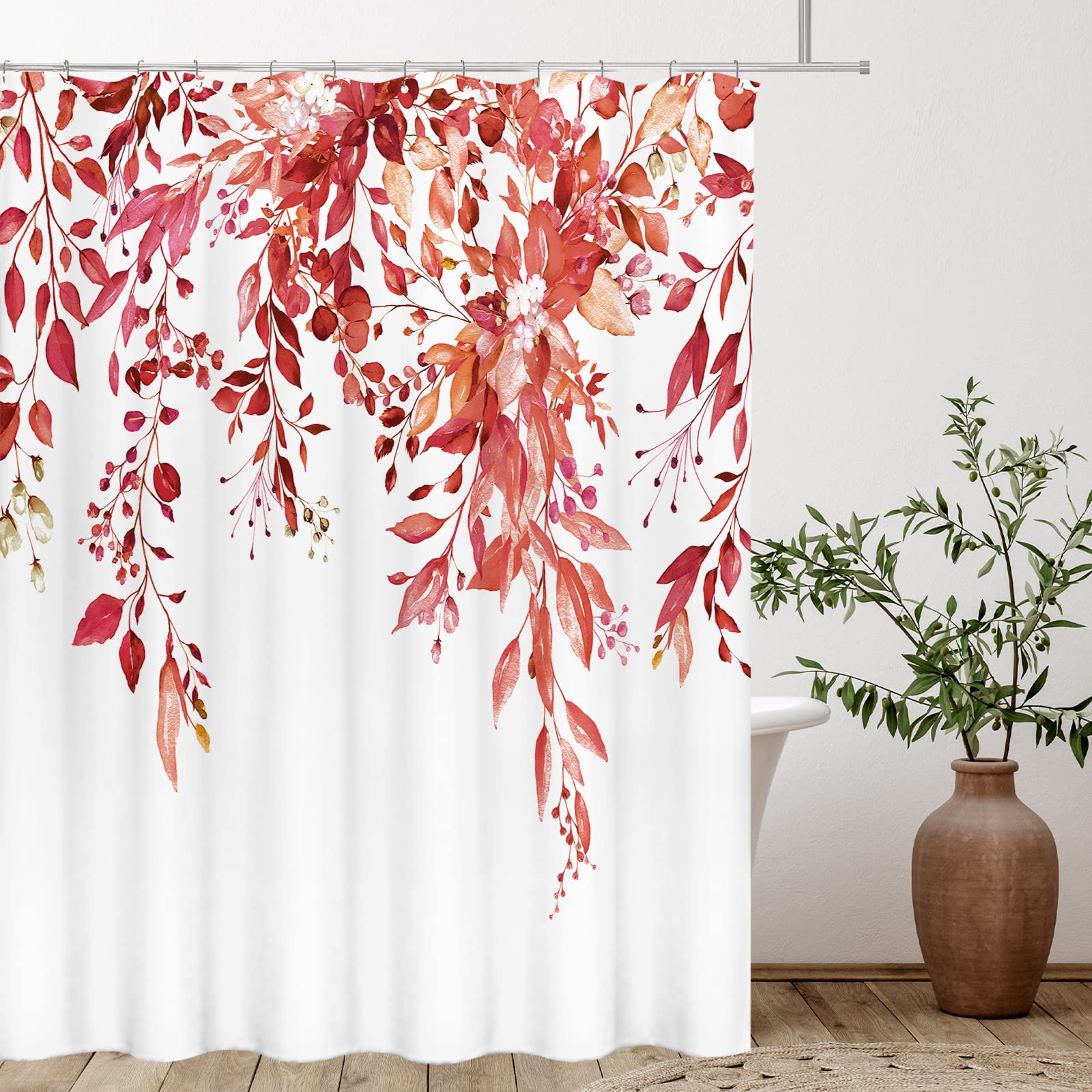 Tititex Red Eucalyptus Shower Curtain Sets, Watercolor Light Burgundy Leaves On The Top Plant With Floral Bathroom Decoration 72