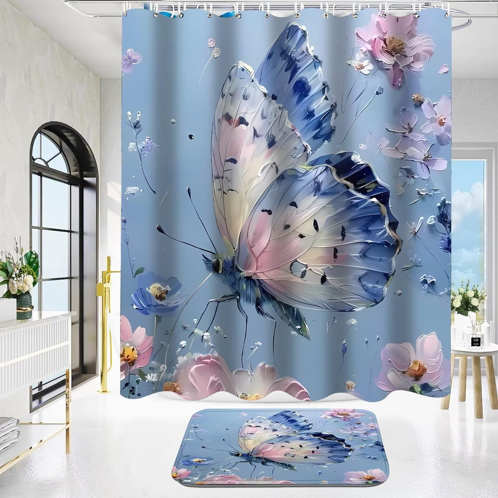 Ddqq 4Pcs Oil Painting Floral Shower Curtain Set Bathroom Sets Blue Butterfly Shower Curtain With 12 Hooks Bathroom Decor With R