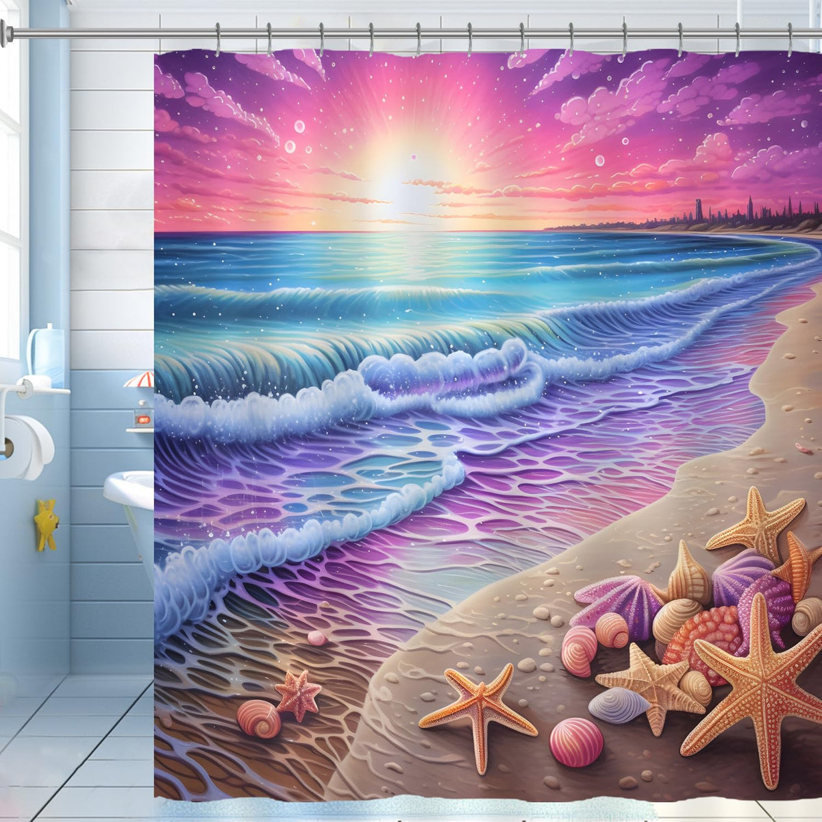Purple Sunrise Beach Shower Curtain Coastal Seashell Ocean Shower Curtain For Bathroom 72X72 Inch Waterproof Fabric Bathroom Cur