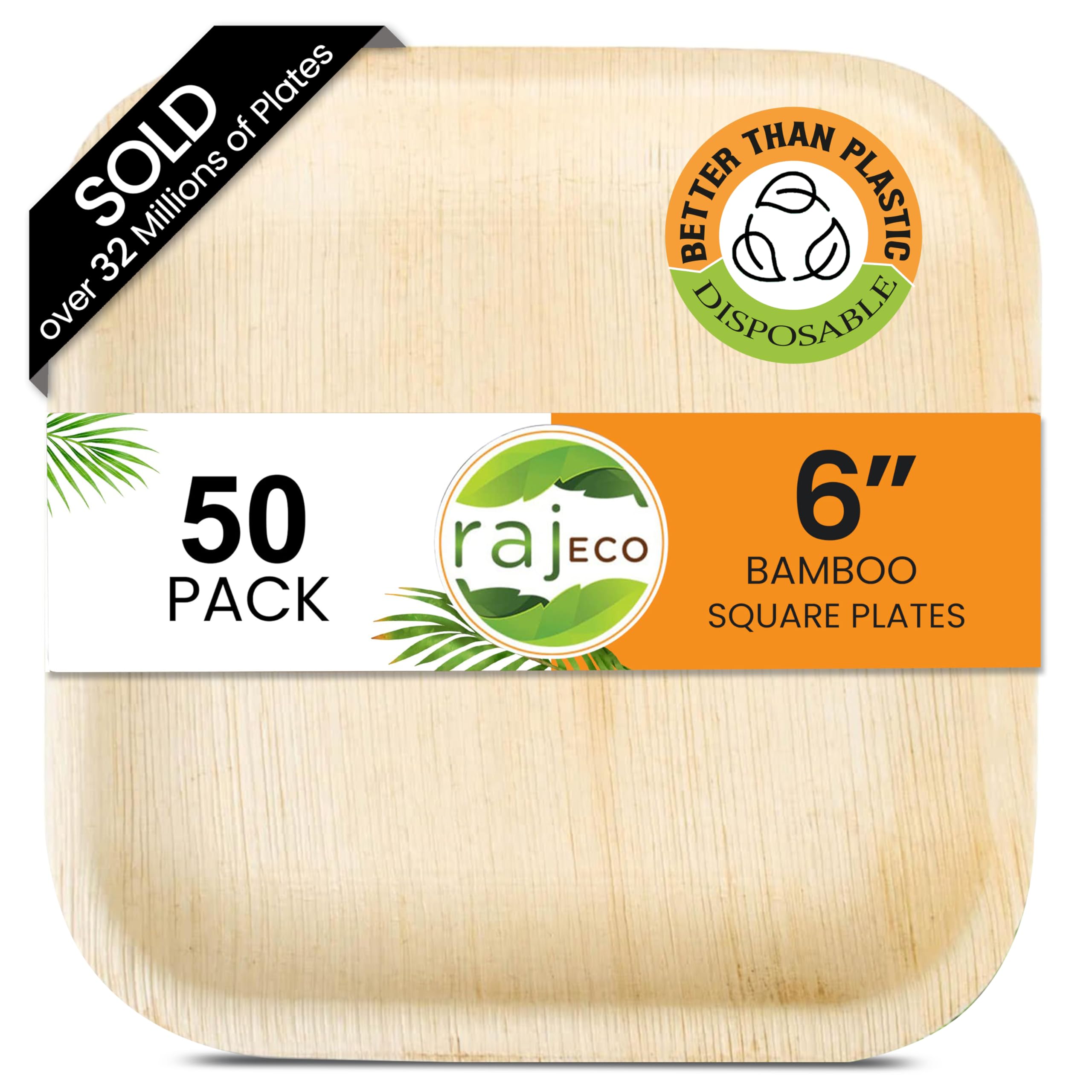 Raj Eco Compostable Palm Leaf Plates Like Bamboo Plates Disposable - 6 Inch Square 50 Party Plates  Natural Wooden  Eco-Friendly  Fancy Biodegradable & Disposable Dessert Appetizer Plates