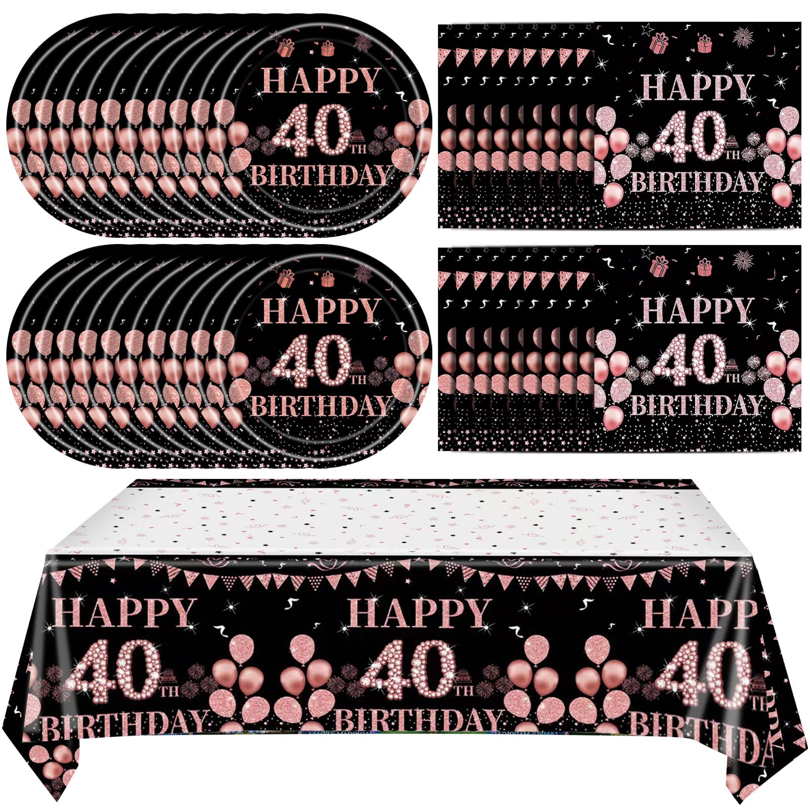 41Pcs 40Th Birthday Decorations For Women, Vintage 40 Birthday Black And Rose Gold Disposable Paper Plates And Napkins Party Sup