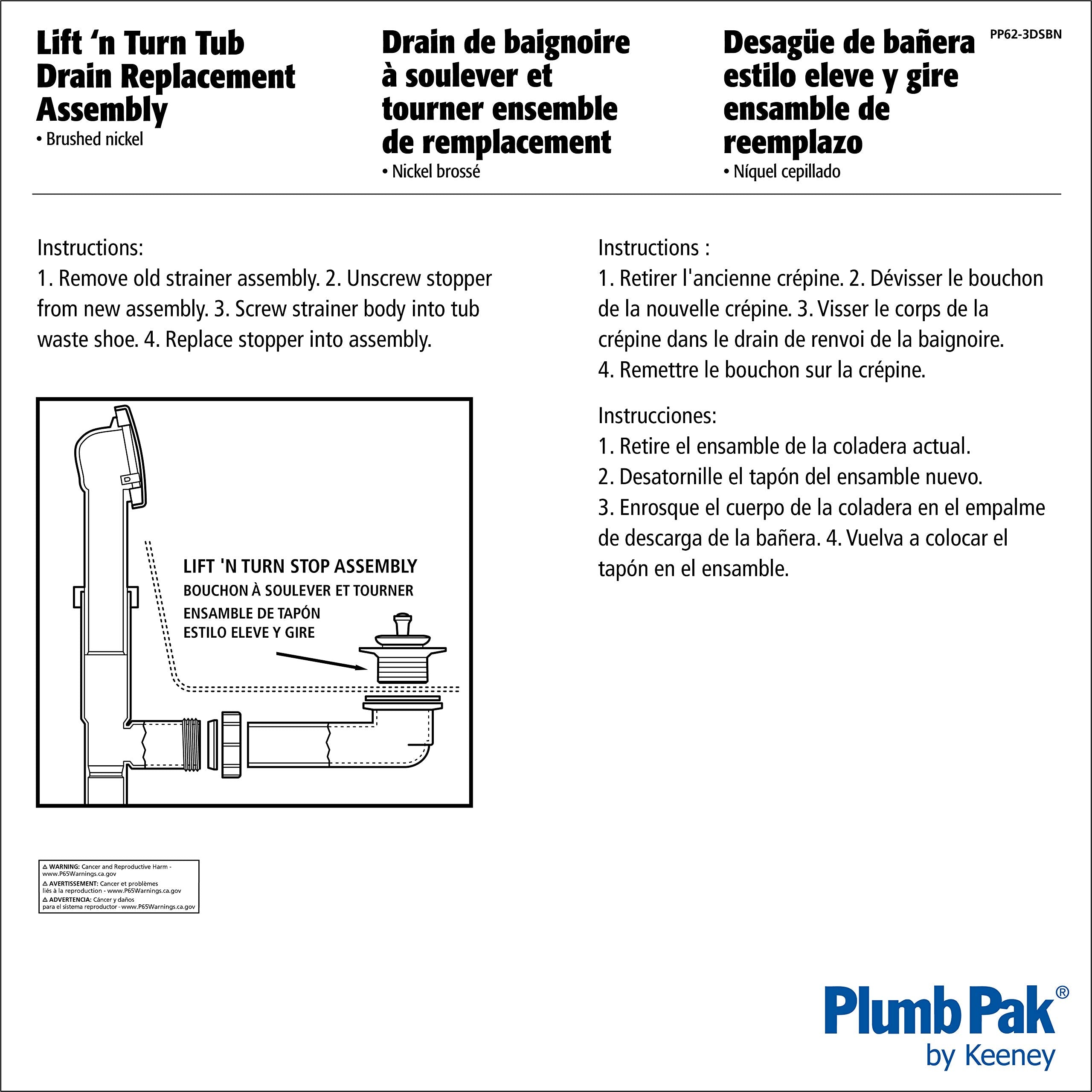 Plumb Pak Pp62-3Dsbn Lift & Turn Tub Drain Replacement Assembly With Strainer, 5'' X 4'', Nickel