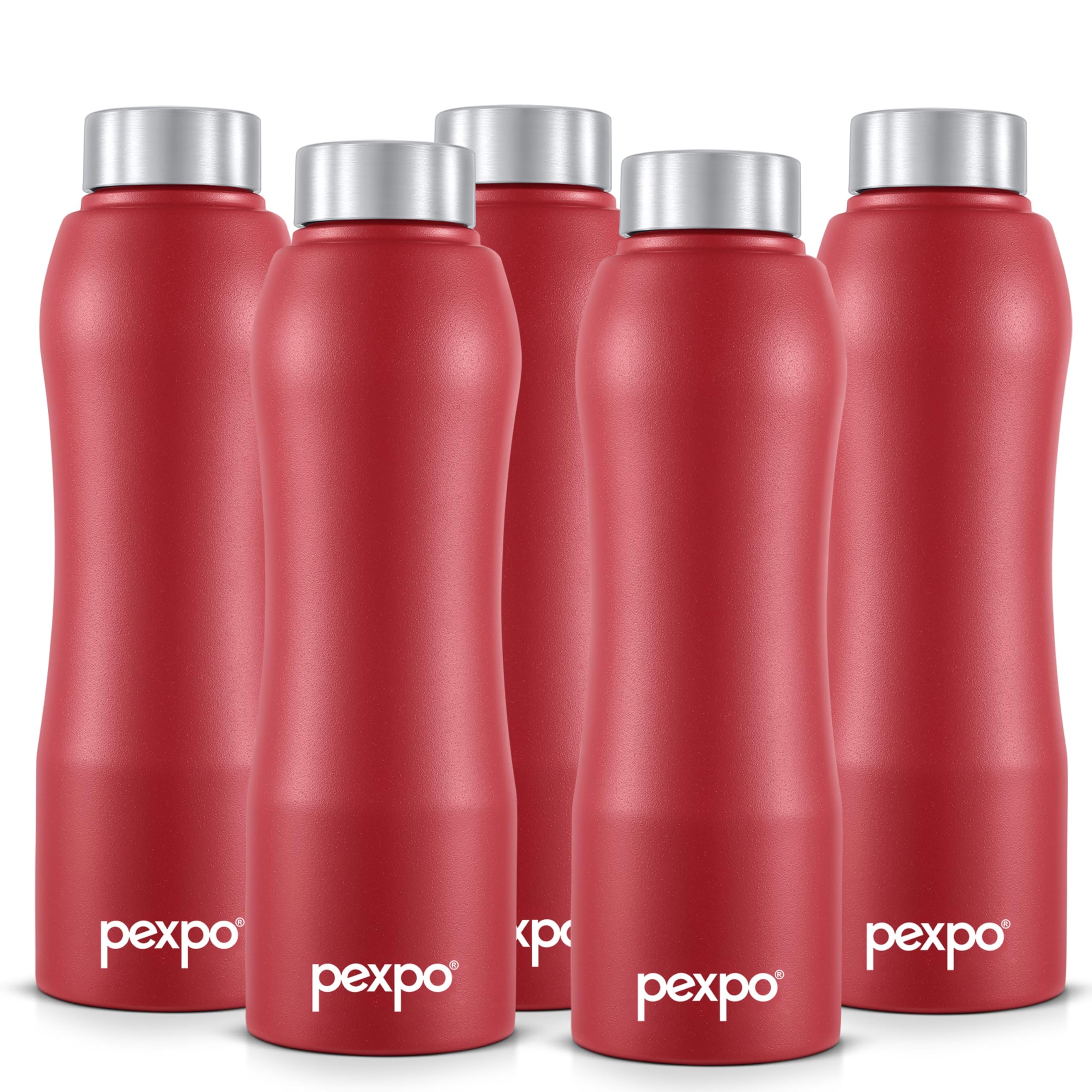 Pexpo Bistro Isi Certified Stainless Steel Fridge/Sports Water Bottle 1 Litre, Crimson Red, Pack Of 5| Single Walled|Easy Grip|L
