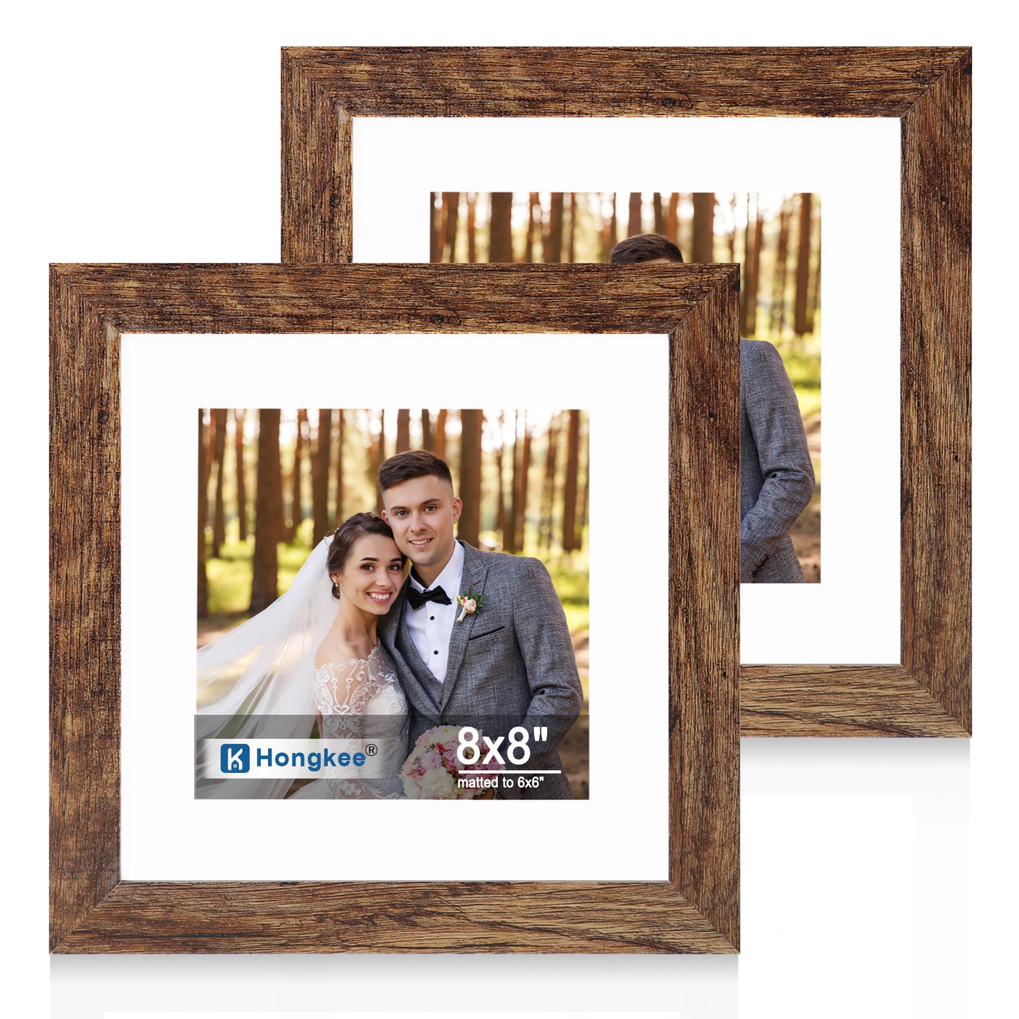 Hongkee 8x8 Picture Frame Set of 2, Made of Real Glass and Rustic Brown Wooden Frame - Display Square 6x6 with Mat or 8x8 Withou