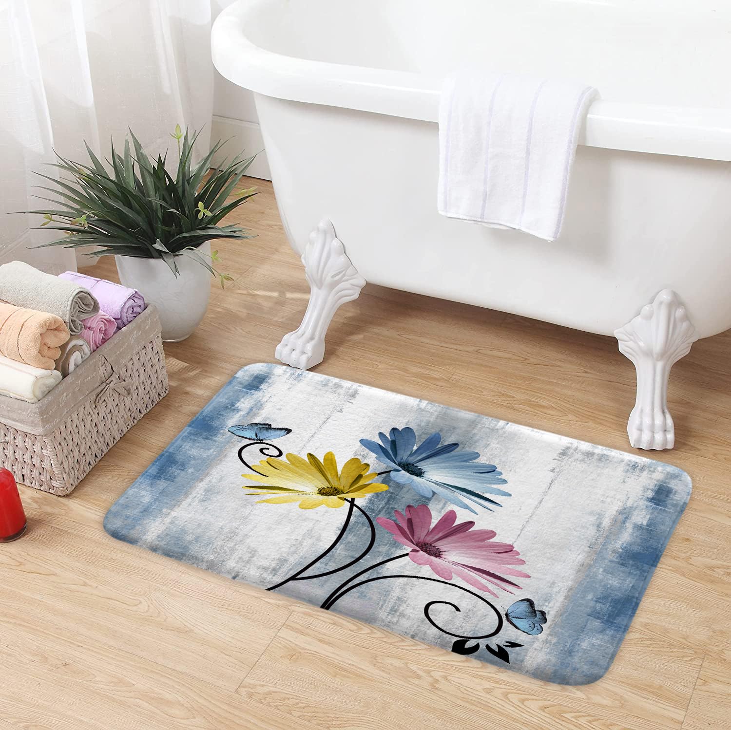 Veivian Rustic Farmhouse Bath Mat, Farm Teal Daisy Floral Flowers Butterfly Country Wooden Bath Rug For Bathroom, Grey White Bat