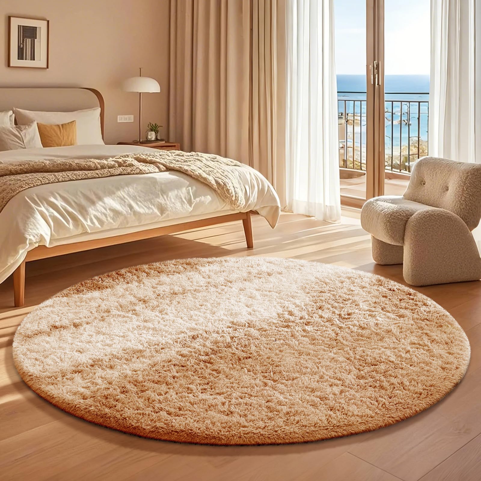 Ophanie Round Rug 4Ft Beige Circle Area Rug, Fluffy Fuzzy Small Bedroom Carpet, Plush Soft Shaggy Floor Living Room Circular Chr