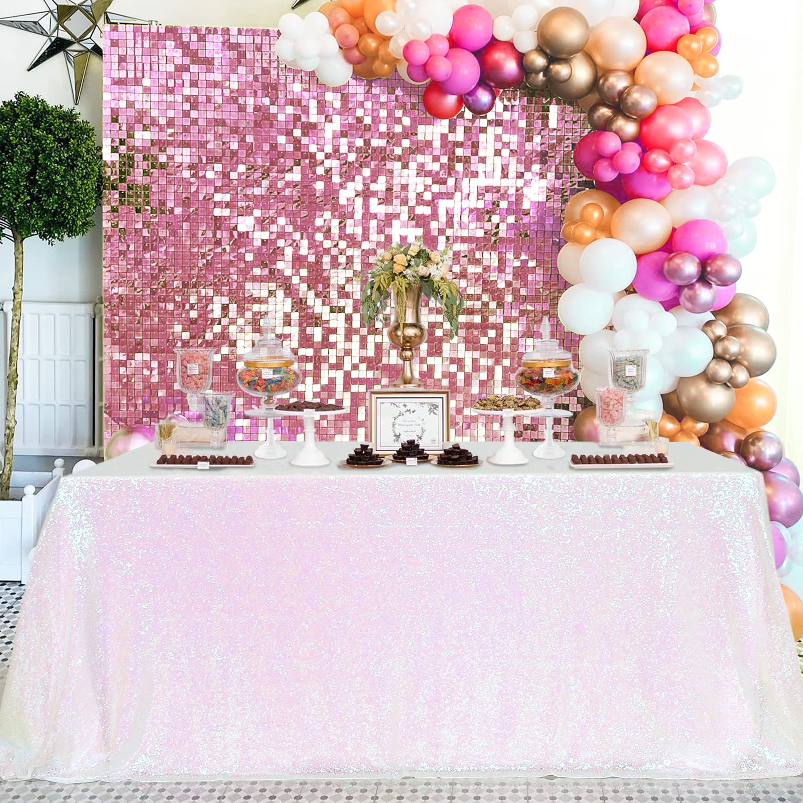 Queendream Tablecloth 90X156 Rectangle Sequin Tablecloth White Iridescent Wedding Table Linens Glitter Birthday Bridal Party Ind