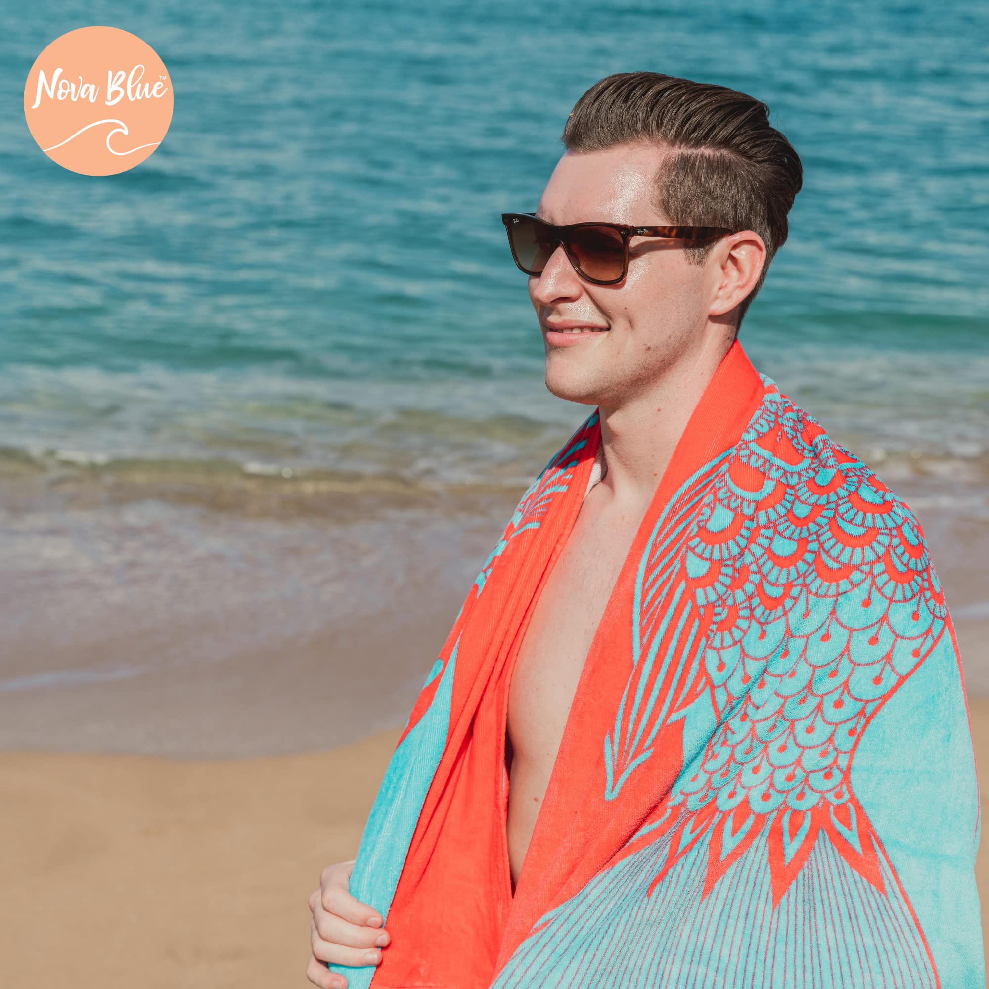 Nova Blue Tropical Fish Beach Towel (34 X 63) - Bright Red & Blue Packable Beach Towel Made from 100% Cotton - Vibrant Colorful Bath Towel - Turquoise Beach Blanket Towel