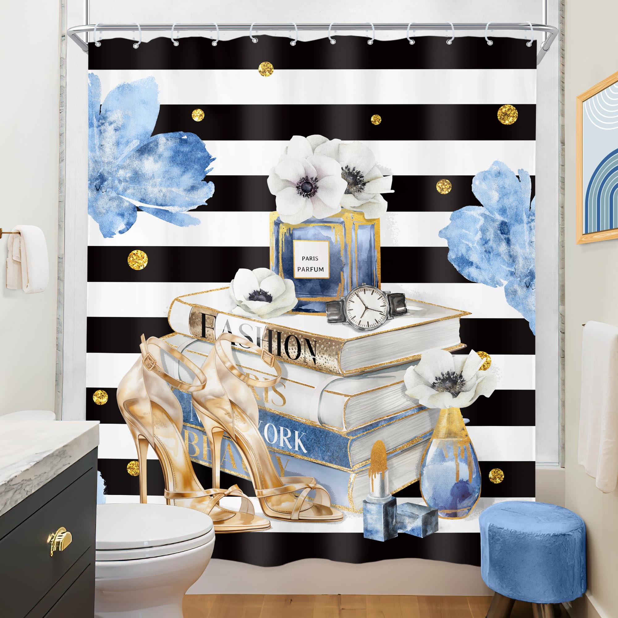 Riyidecor Fashion Shower Curtain 60Wx72H Inch Black White Stripes Blue Gold Floral Modern Magazine Book Perfume High Heels Girls