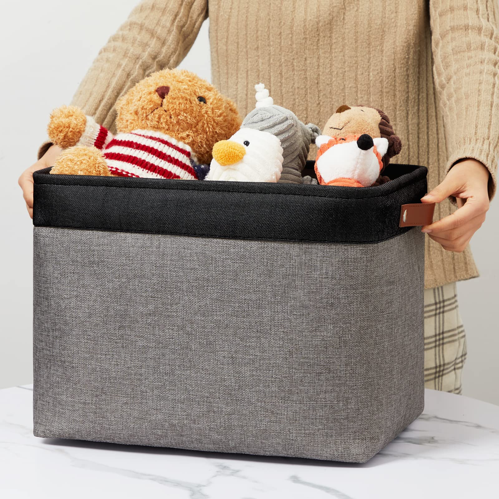 Dullemelo Storage Bins 16''X12''X12'' With Leather Handles For Organizing,Decorative Collapsible Storage Baskets For Shelves Clo