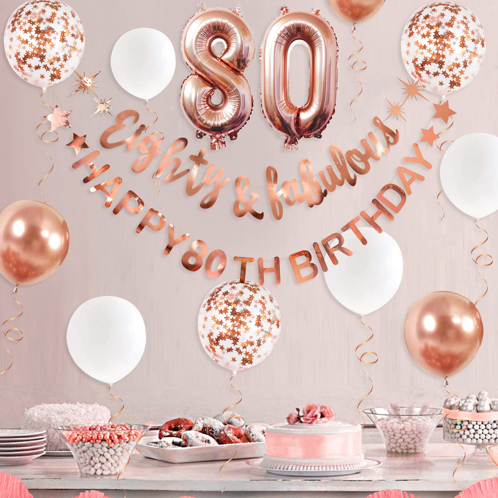Rose Gold Eighty & Fabulous Happy 80Th Birthday Banner Garland Foil Balloon 80 For Womens 80Th Birthday Decorations Hanging 80 A