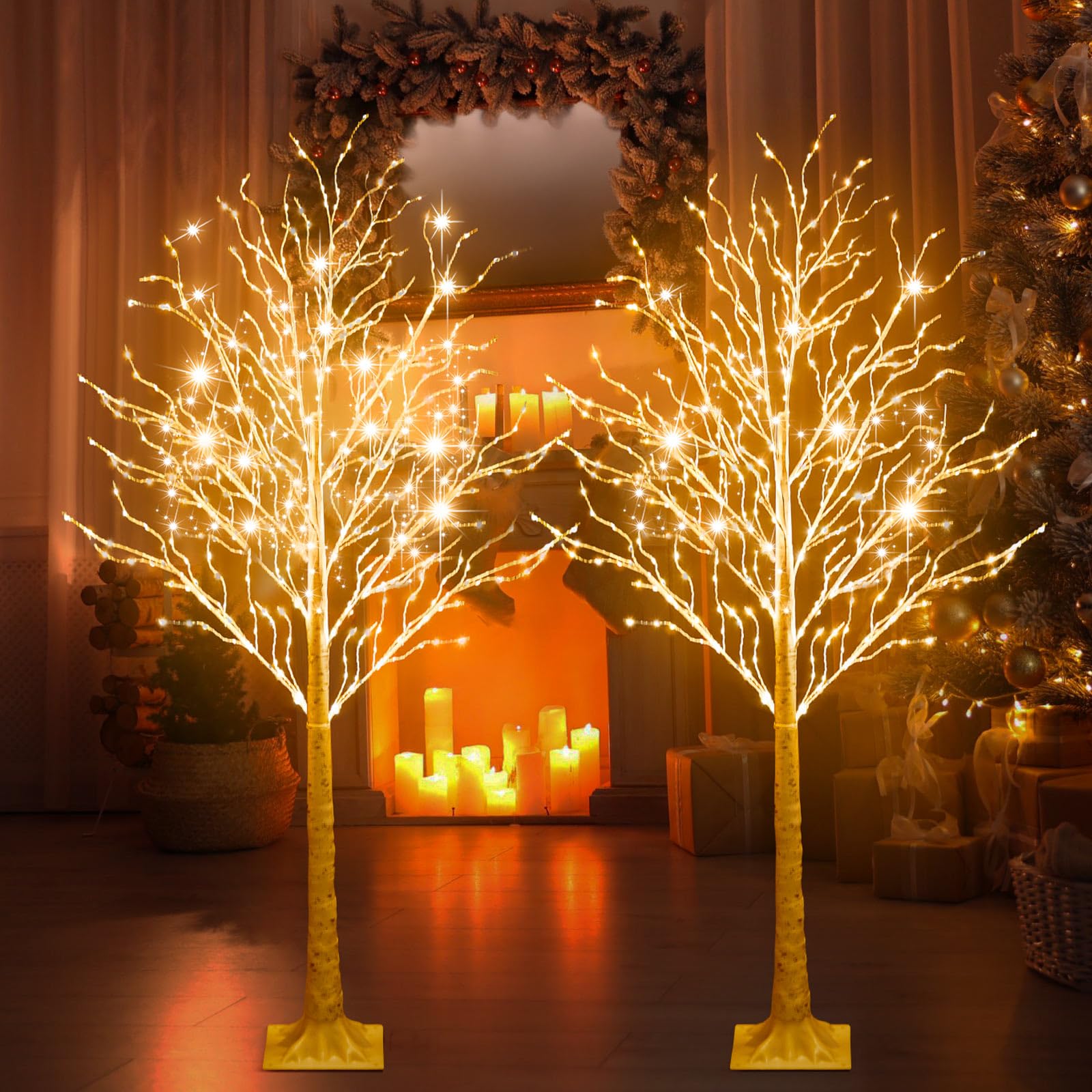 Aurelema 2 Pcs 5ft-400led Lighted Birch Tree 8 Modes Christmas Artificial LED Warm White Lights Birch Tree for Indoor and Outdoo