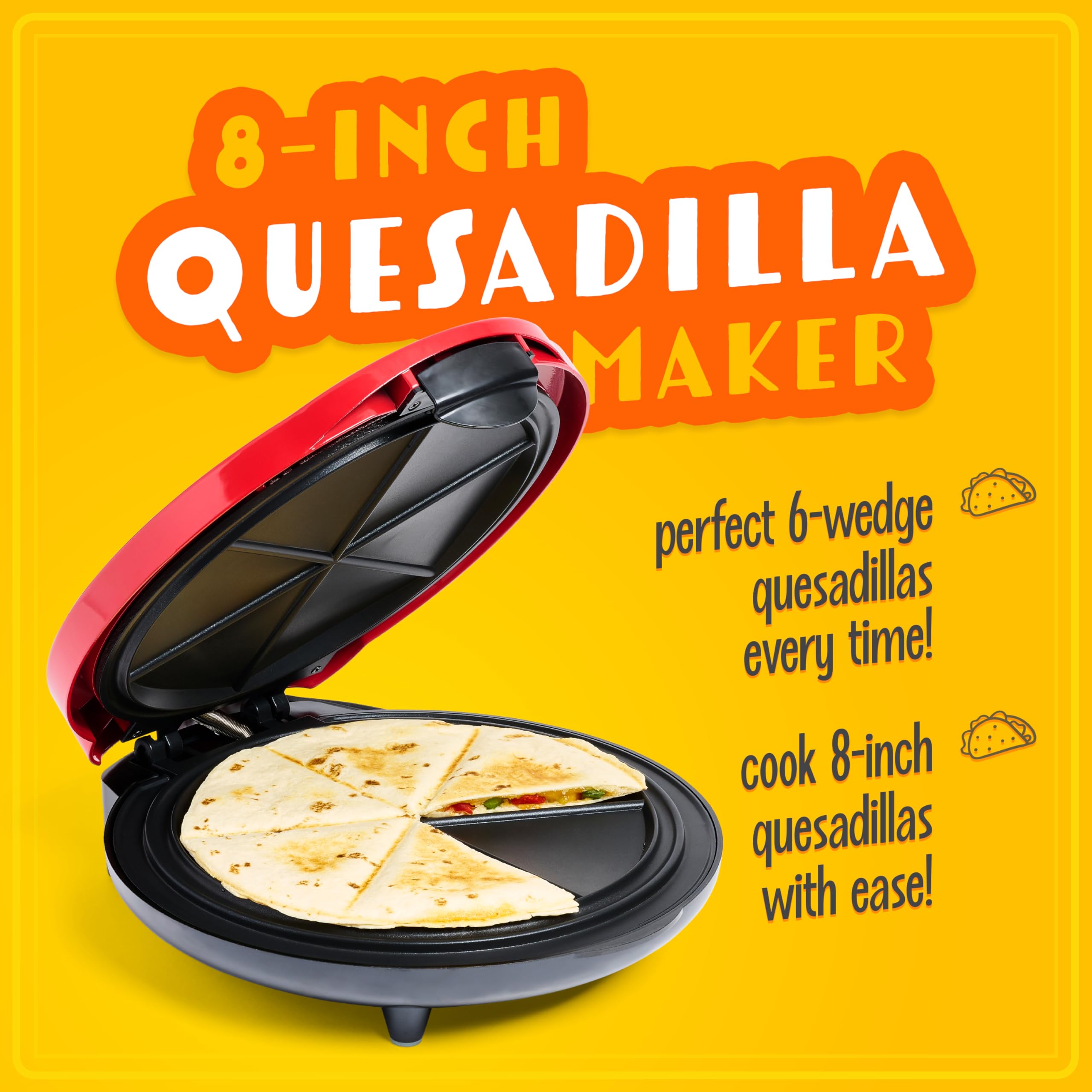 Taco Tuesday Deluxe 8-Inch 6-Wedge Electric Quesadilla Maker With Extra Stuffing Latch, Red