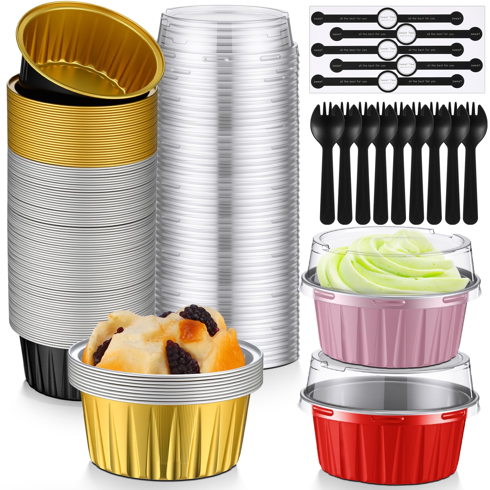 Vesici 100 Set 4.2 oz Mini Cake Pans with Lids & Spoons Round Aluminum Foil Baking Loaf Pans Disposable Dessert Cups with Sticke