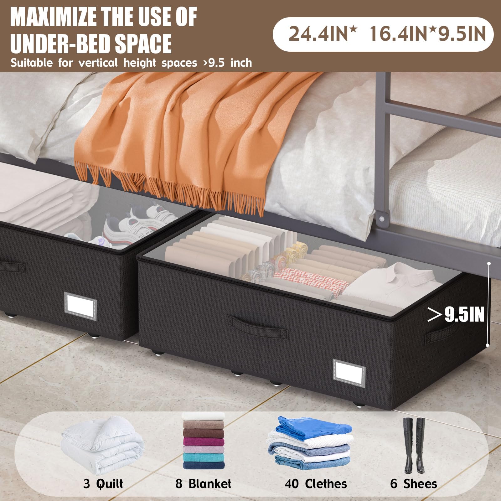 EE-RoomWorld Underbed Storage With Wheels, No Assemble Required 10 inches Height Underbed Storage Bins,Large Capacity Rolling Un
