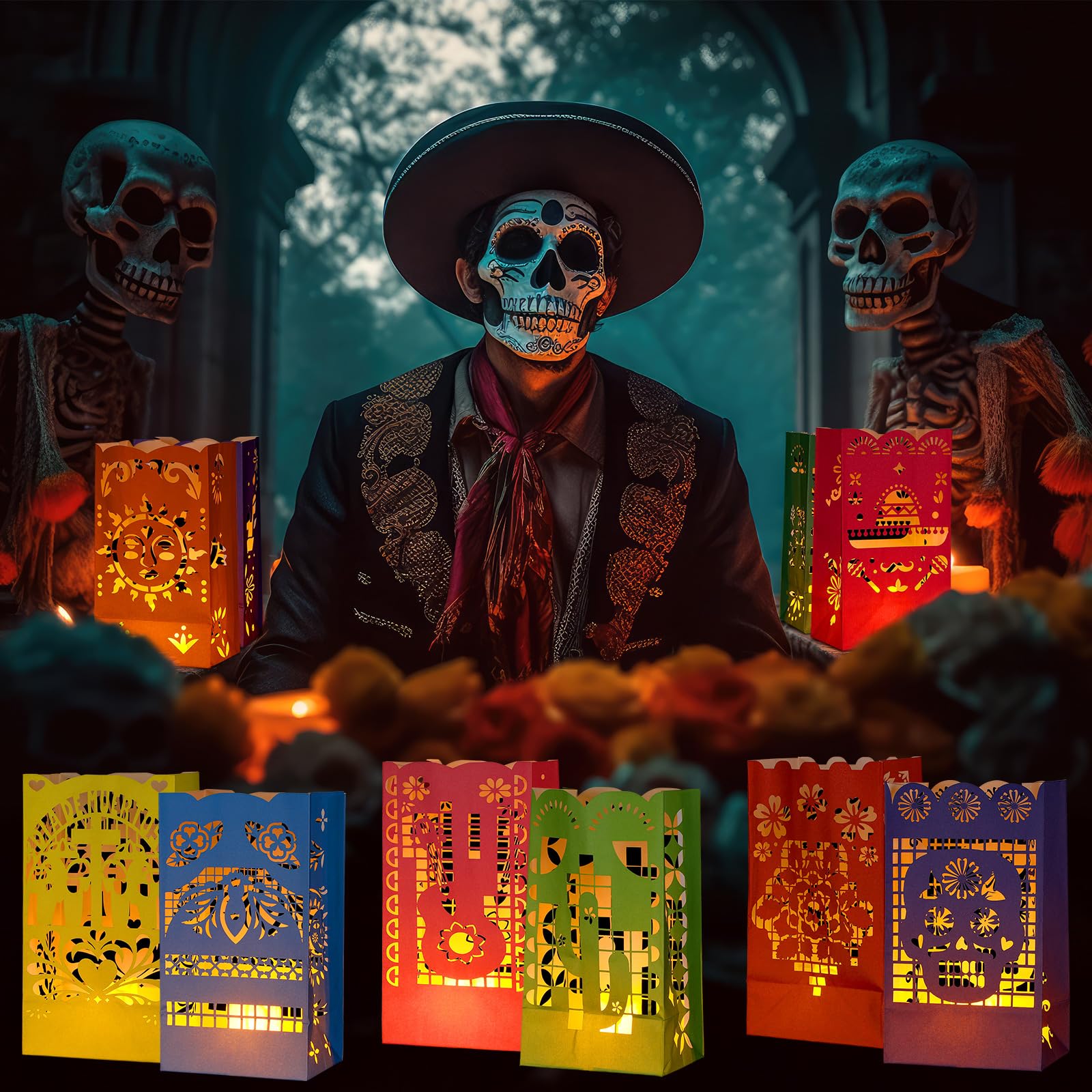 Sayglossy 50 Pieces Dia De Los Muertos Luminary Bags Decorations, Halloween Day of the Dead Candle Goodie Bags Flame Resistant M