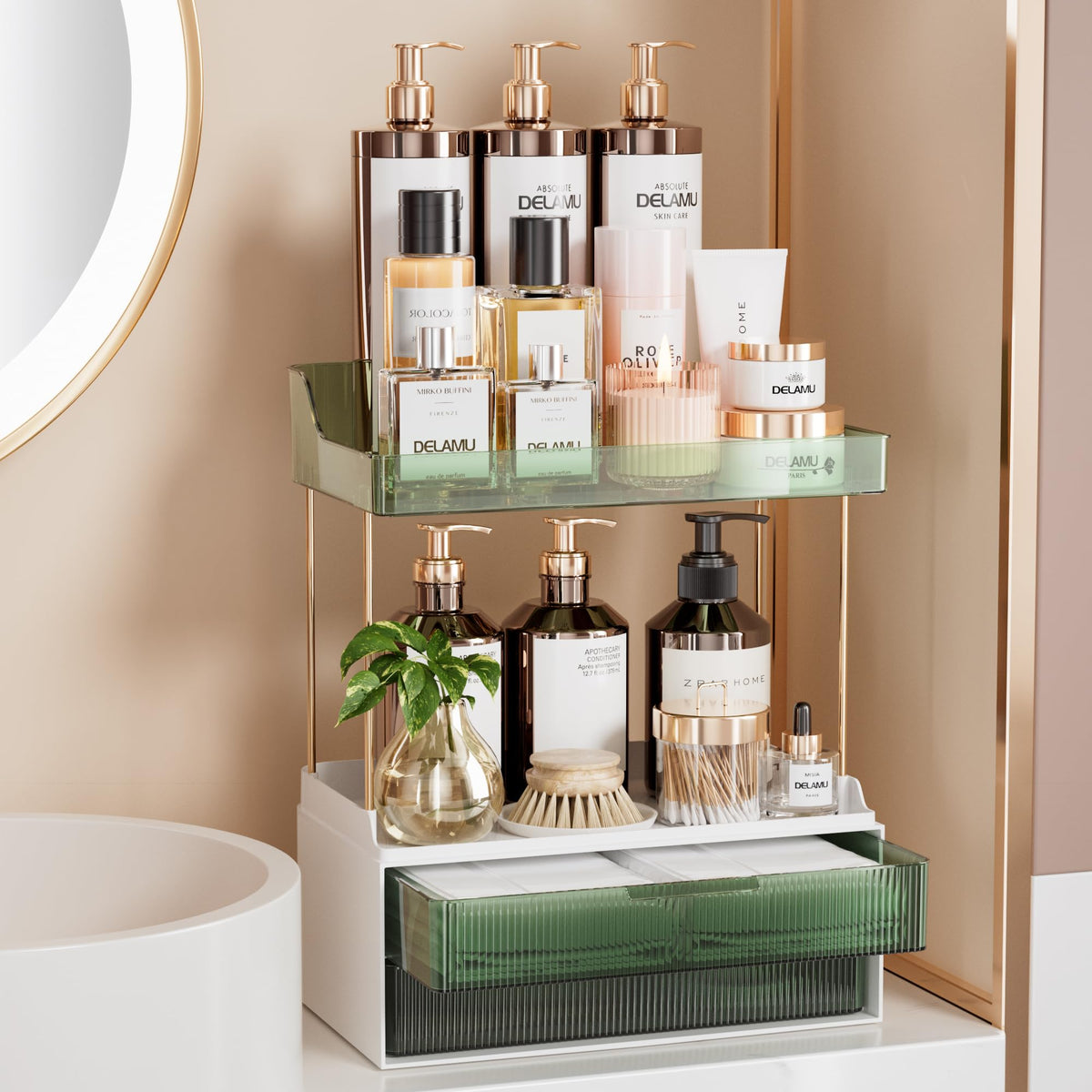 Delamu 2-Tier 2-Drawer Bathroom Organizer Countertop, Multi-Purpose Makeup Organizer Countertop, Large Skincare Organizers, Exqu