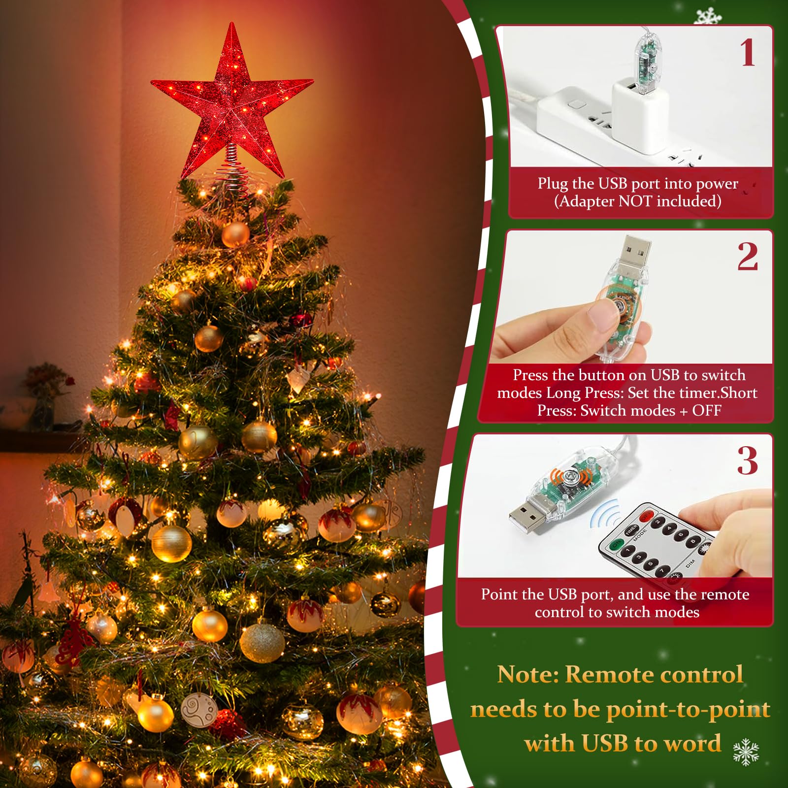 Red Christmas Tree Star Topper with Lights, 8.5-Inch Light-Up Christmas Tree Topper with Remote Control, 4 Brightness Levels & 8
