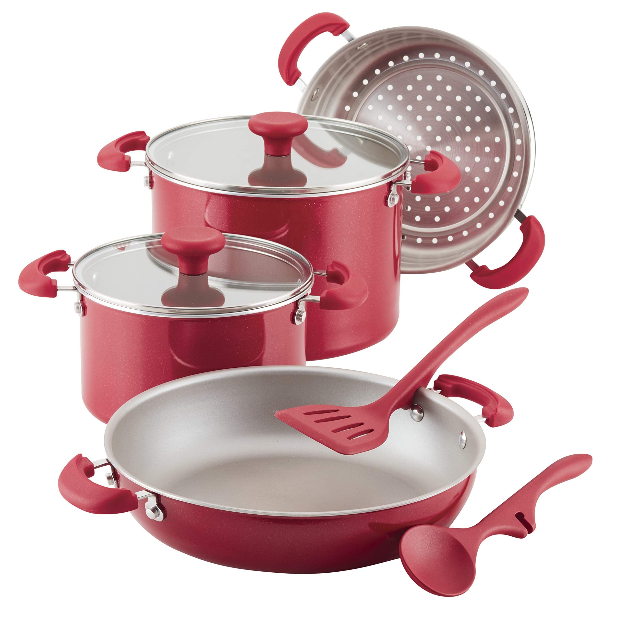 Rachael Ray 8-Piece Create Delicious Stackable Nonstick Cookware Set, Red Shimmer