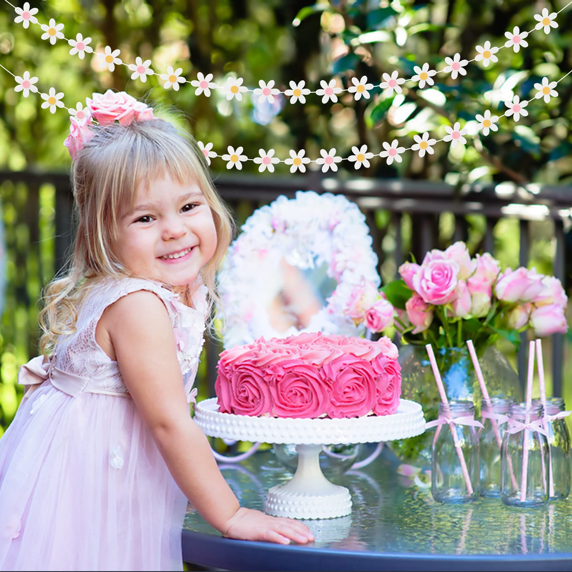 A1Diee 4Pcs Summer Daisy Groovy Boho Garland Felt Artificial White Flower Vines Banner Spring Daisy Party Supplies Flower Garlan