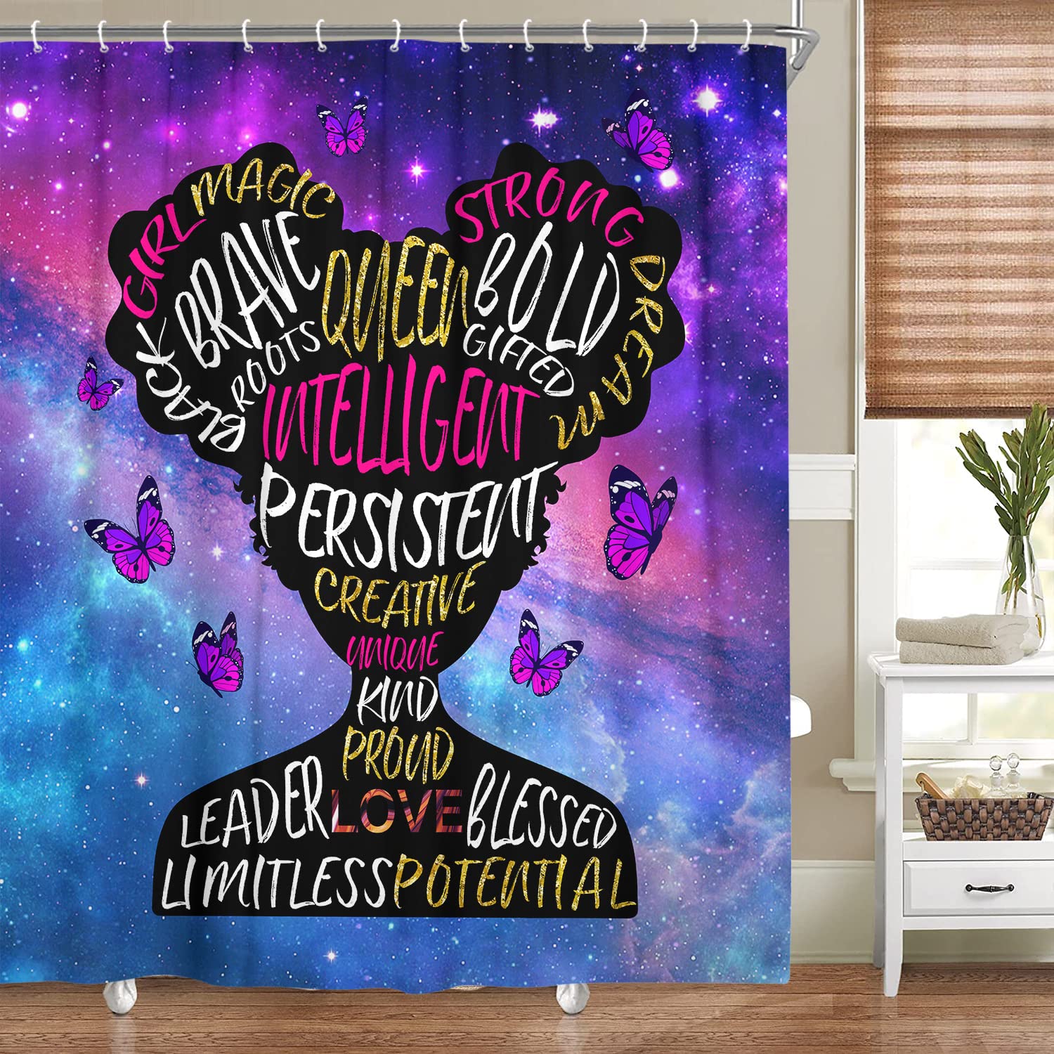 African American Black Girl Shower Curtain, Magic Teen Girl Woman Inspirational Shower Curtain For Bathroom, Afro Hair Black Gir