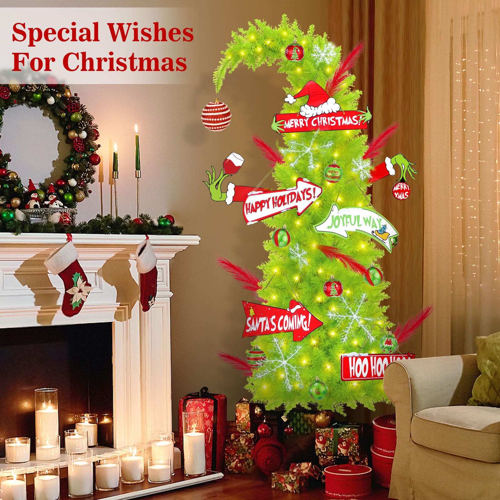 6FT Grinchs Christmas Tree with 38 Piece Ornament Set, Whimsical Lime Green Christmas Tree with Signs & Skirt, Indoor Outdoor Ho