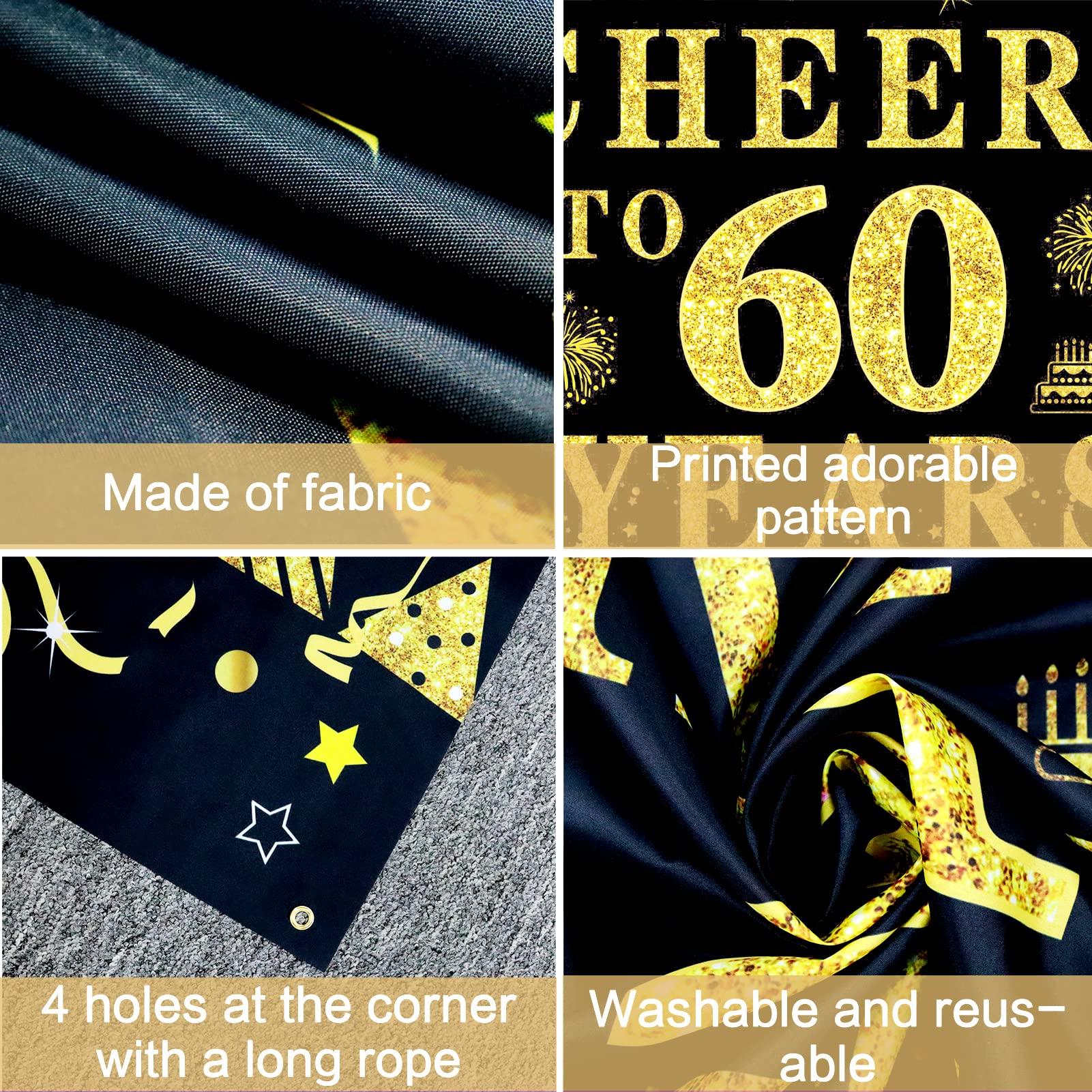 Trgowaul 60Th Birthday/Anniversary/Wedding Decorations For Women Men, Cheers To 60 Years Banner, Black And Gold 60Th Birthday Ba