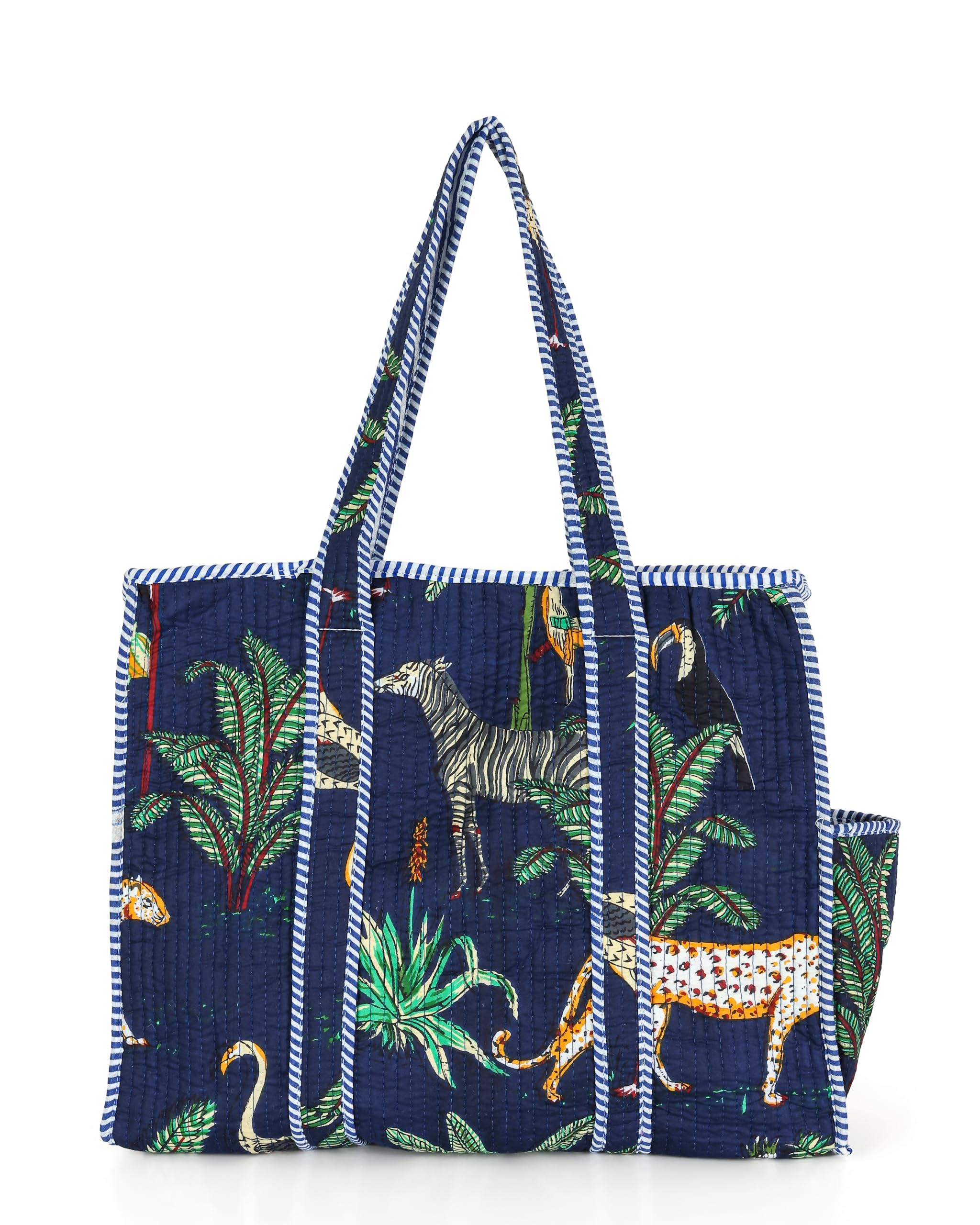 Nikavik Quilted Cotton Tote Bag  Exotic Animal Print Foldable And Ideal For Travel Shopping Beach Trips Or Daily Essentials (Bl