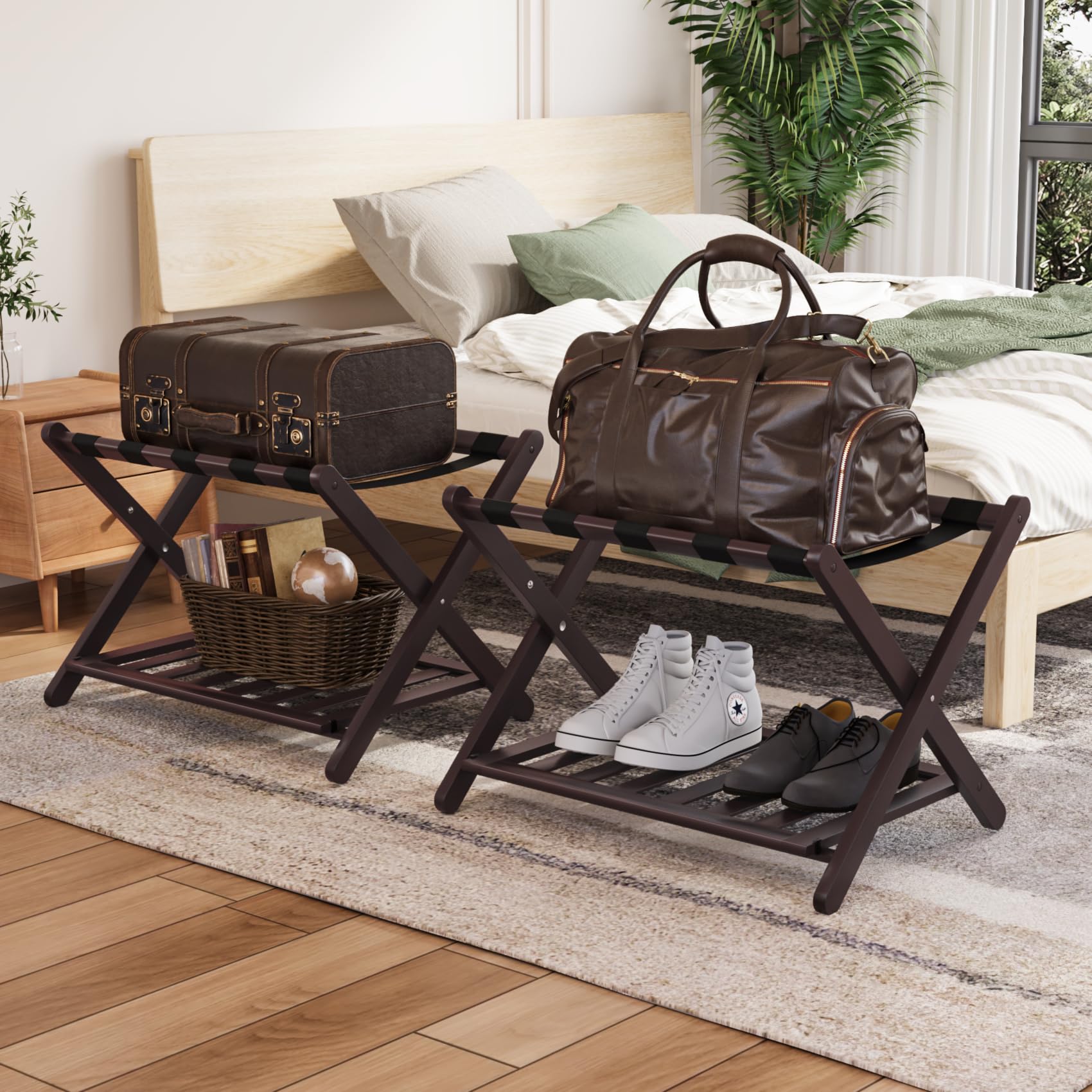 Smuxee Fully Assembled Brown Luggage Racks Pack Of 2, Upgraded Bamboo Foldable Suitcase Stand With 5 Nylon Straps, Luggage Holde