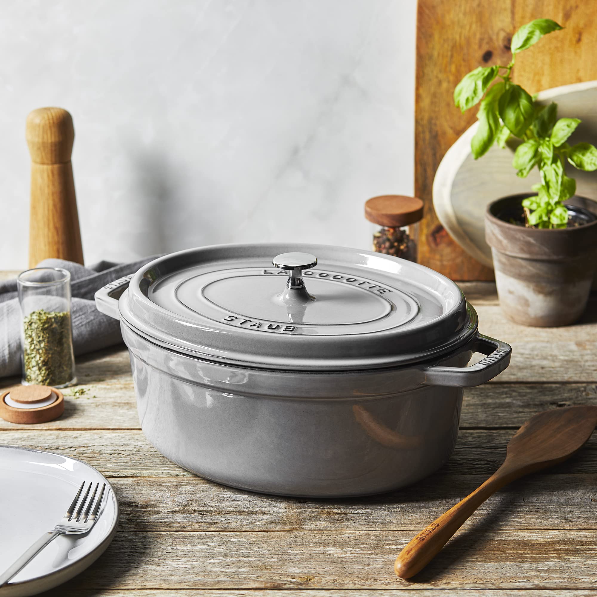 Staub La Cocotte Oval 40509-320 Pico Cocotte Oval Gray 12.2 Inches (31 Cm) Large Two-Handed Cast Enameled Pot, Induction Compati