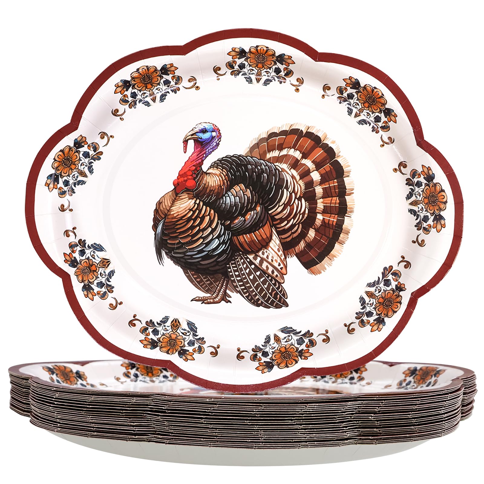 Fancy Land 24 Pcs Thanksgiving Plates Oval Paper Vintage Turkey Plates Disposable Dinner Platters 10 x 12 Inches Heavy Duty Dinn