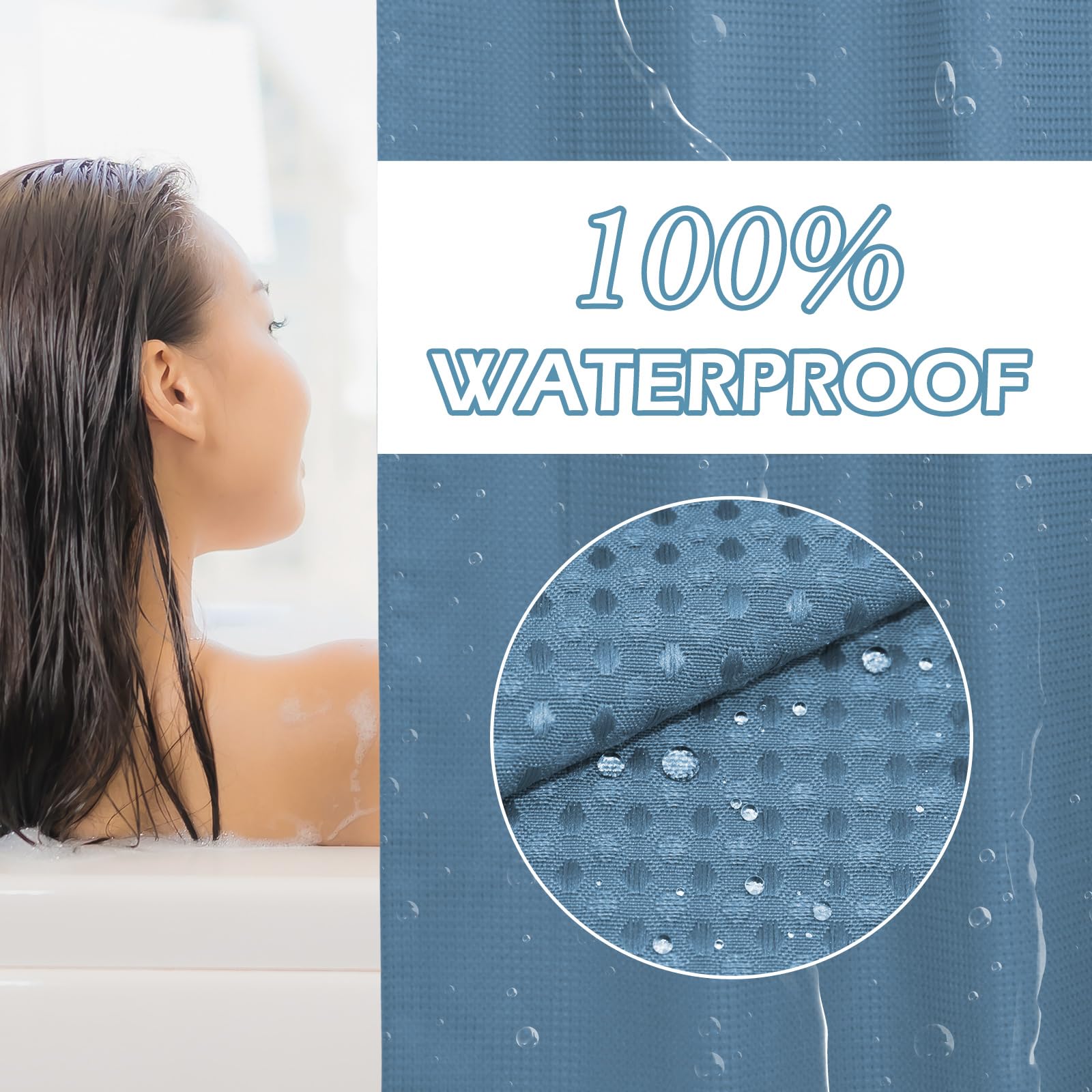 Eutxl Moonlight Blue No Hook Shower Curtain With Snap In Liner,230Gsm Waffle Weave Shower Curtains For Bathroom,71W X 74H