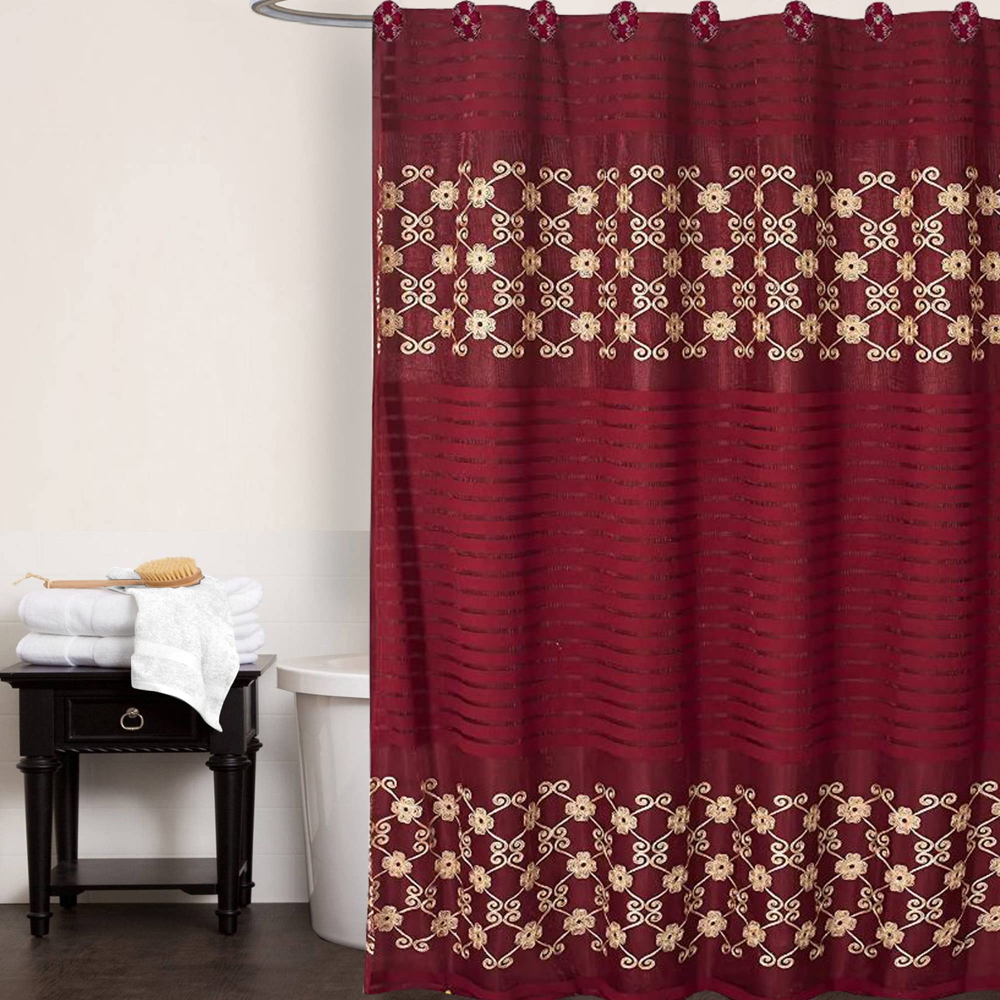 Popular Bath Shower Curtain, Vlegant Rosa Collection, 70'' X 72'', Burgundy/Gold