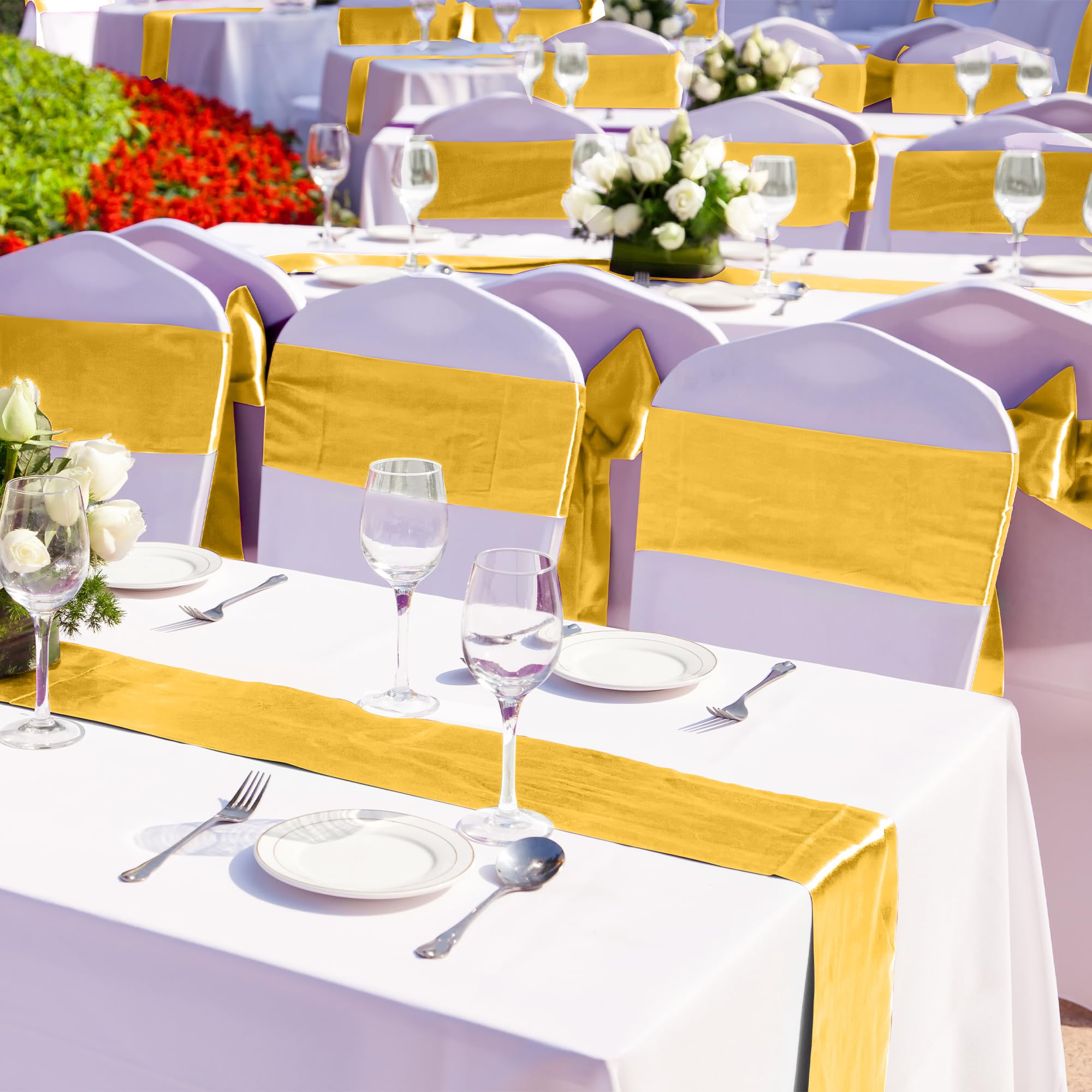 Aneco 16 Pack Satin Table Runner 12 X 108 Inch Gold Long Wedding Satin Silk Table Runner For Wedding Banquet Graduations Birthda