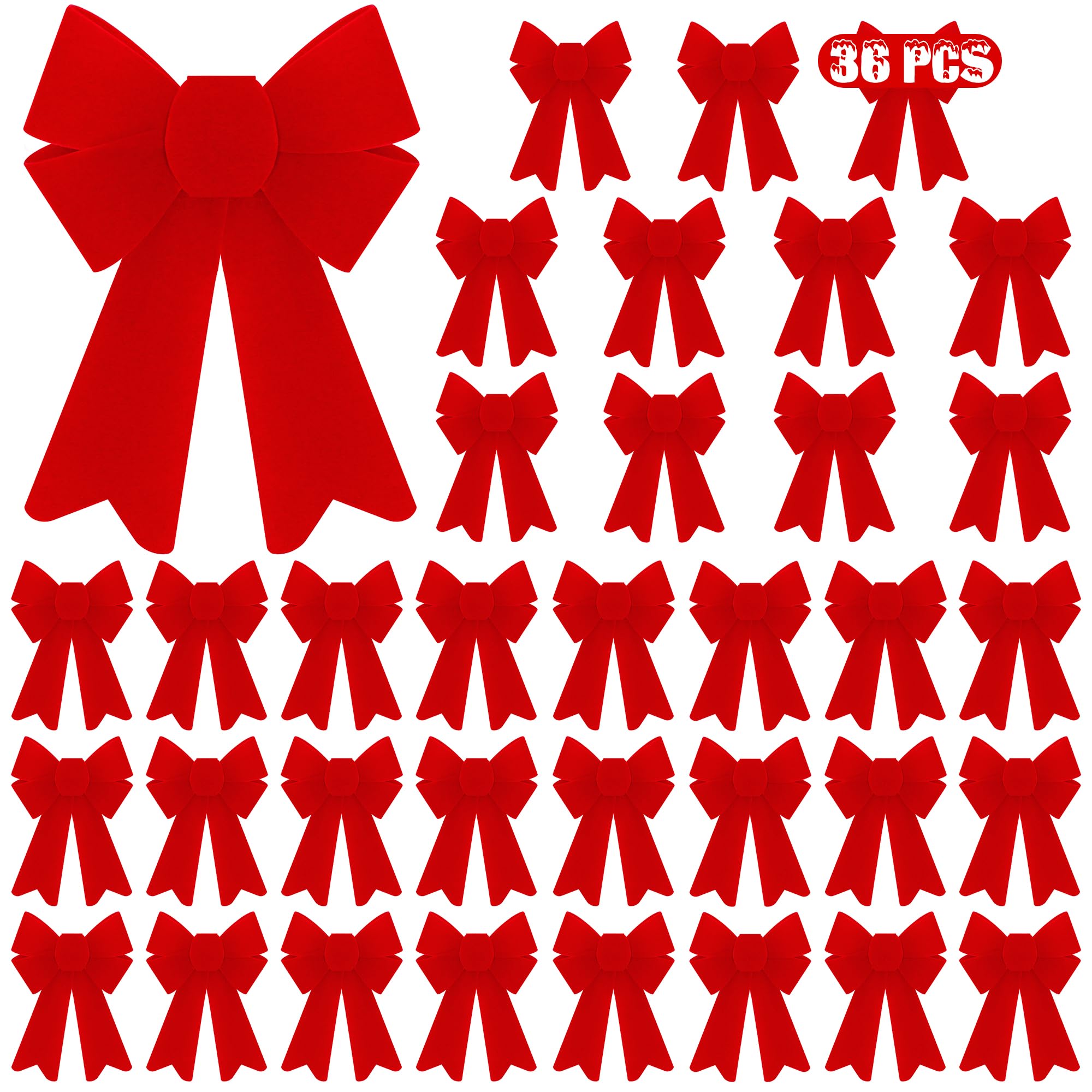 36 PCS Red Christmas Bows, 5 x 8 Large Christmas Bows, Hanging Kink Red Velvet Ornaments PVC Christmas Tree Bow Indoor Outdoor C