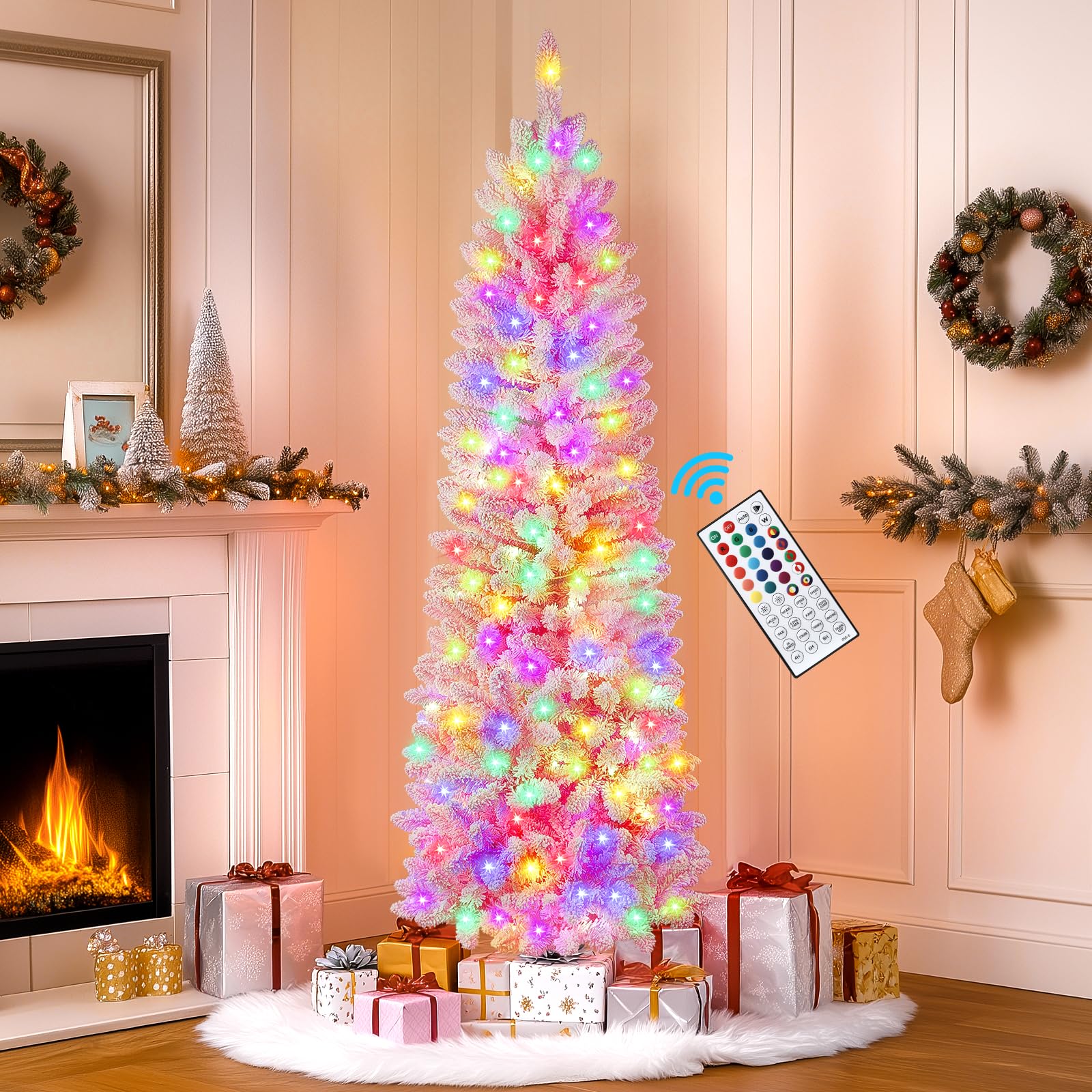 SHareconn 6.5ft Prelit Snow Flocked Artificial Hinged Slim Pencil Christmas Tree, with Remote Controlled Multi-Color RGB Lights,