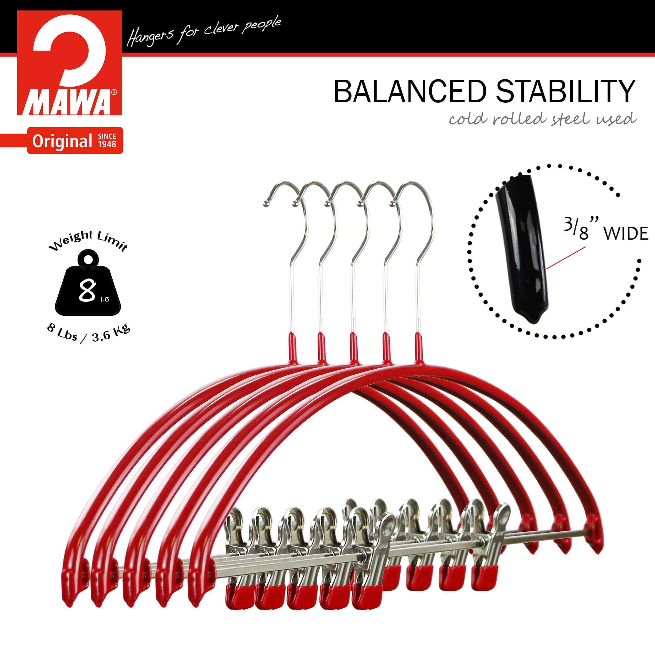 Mawa by Reston Lloyd European Non-Slip Metal Clothing Hanger  Smooth Shoulder Support & Adjustable Pant Clips  Set of 5  Red