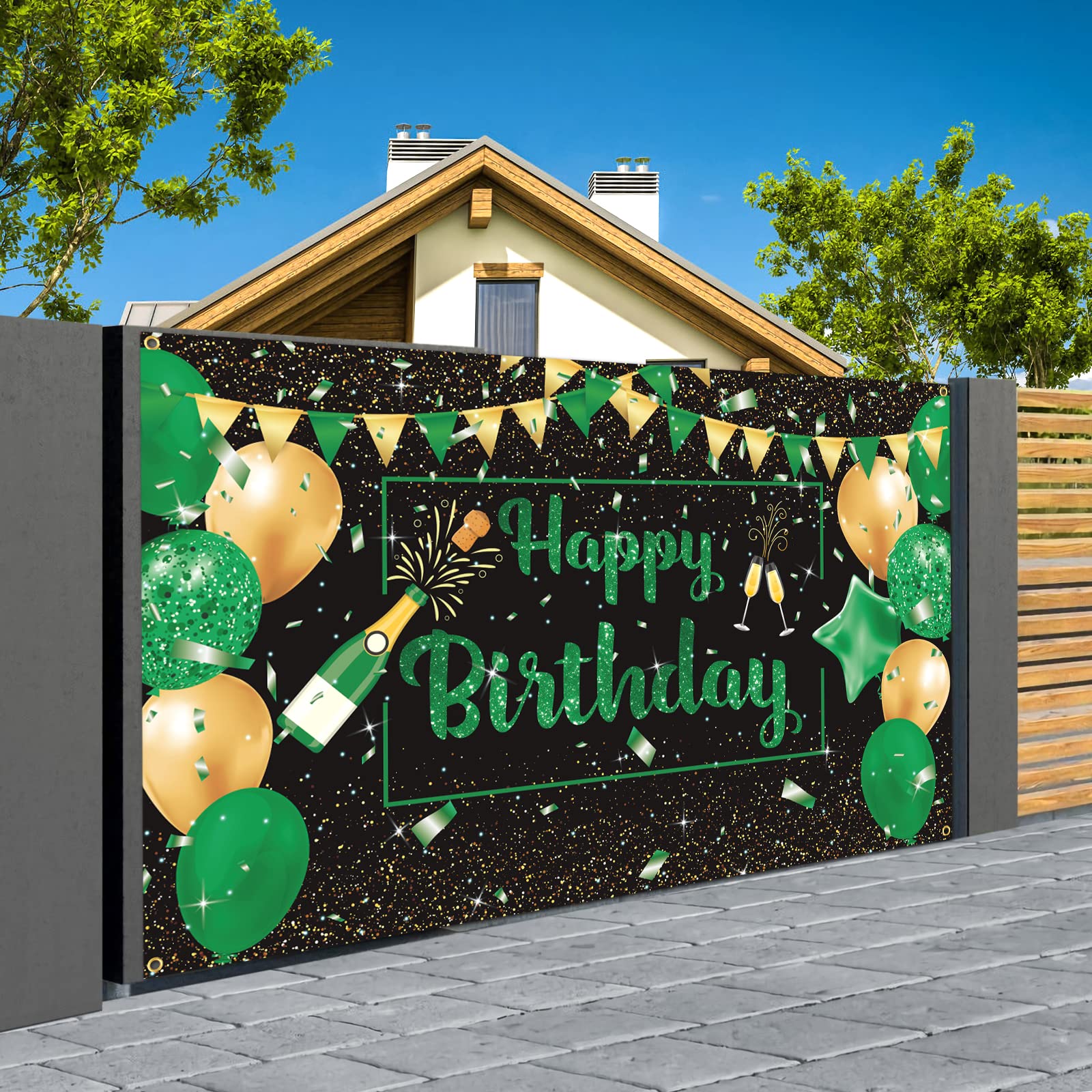 Green Black Gold Birthday Party Decoration Banner, Green Black Happy Birthday Backdrop Banner, Large Green Black Gold Birthday B