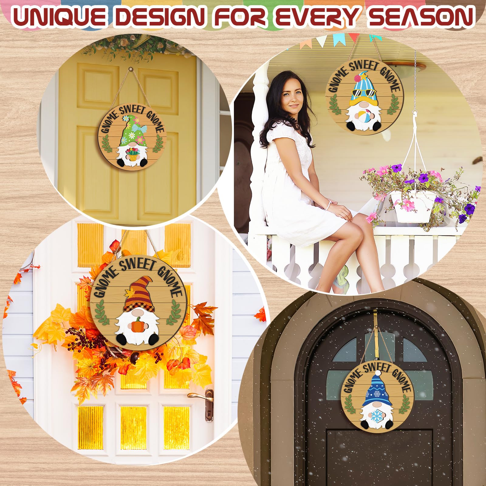 Wenqik 41 Pcs Interchangeable Gnome Decor Holiday Wooden Seasonal Gnome Decor Detachable Magnet Hat and Hand Welcome Sign for Ho