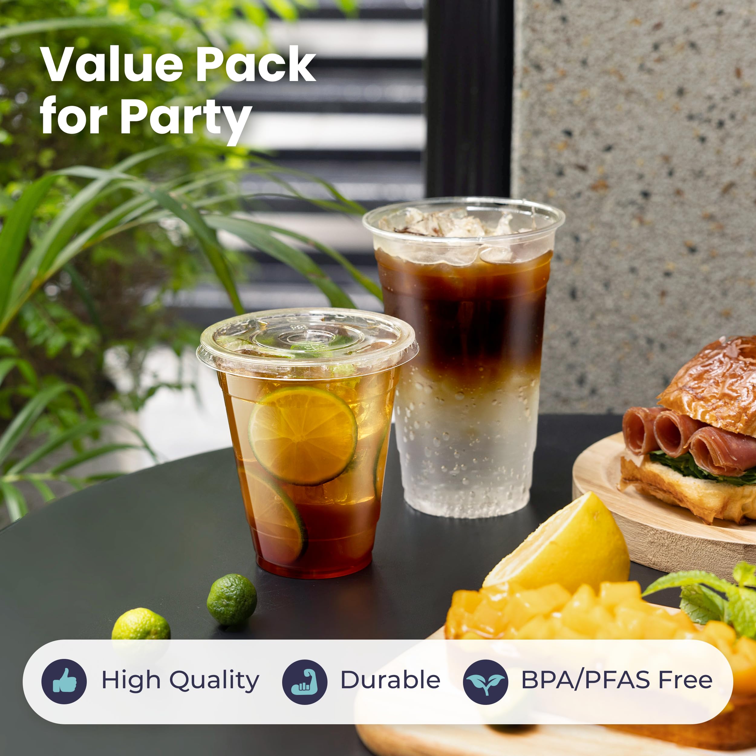 [100 Pack] 32 oz Clear Plastic Cups with Flat Lids and Clear Straws  Disposable Iced Coffee Cups  BPA Free Crystal Lemonade Cup for Party  Smoothie  Cold Drinks  Juice  Milkshake  Bubble Boba  Tea
