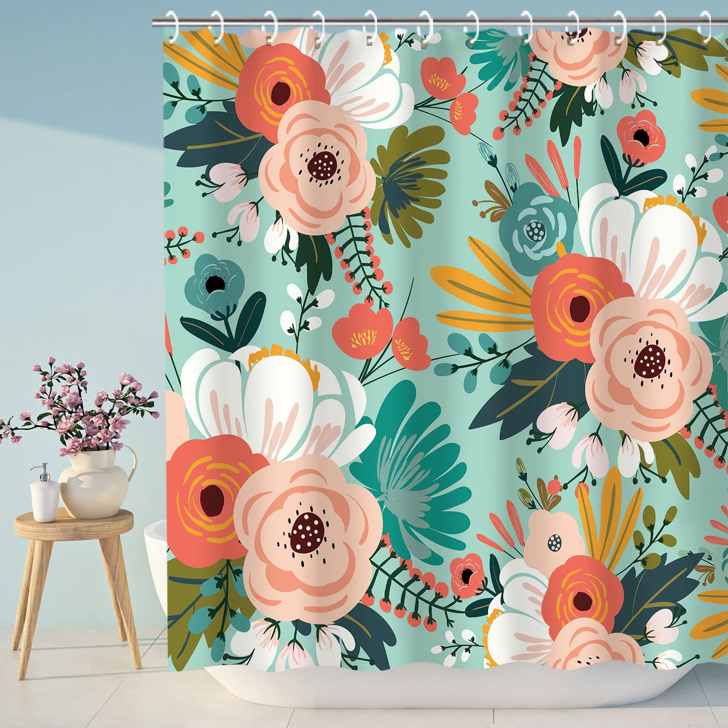 Livilan Floral Shower Curtain, Colorful Flowers Fabric Bathroom Curtain Set With Hooks Blossom Bathroom Decor (Green, 72Wx72H In